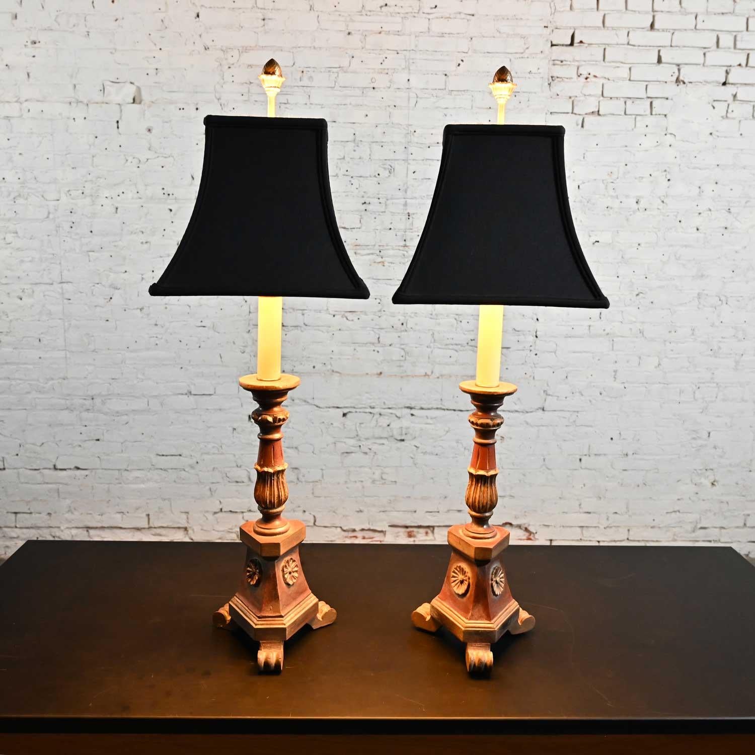 Late 20th Regency Style Chapman Pair Painted & Gilt Carved Wood Candlestick Lamp For Sale 3