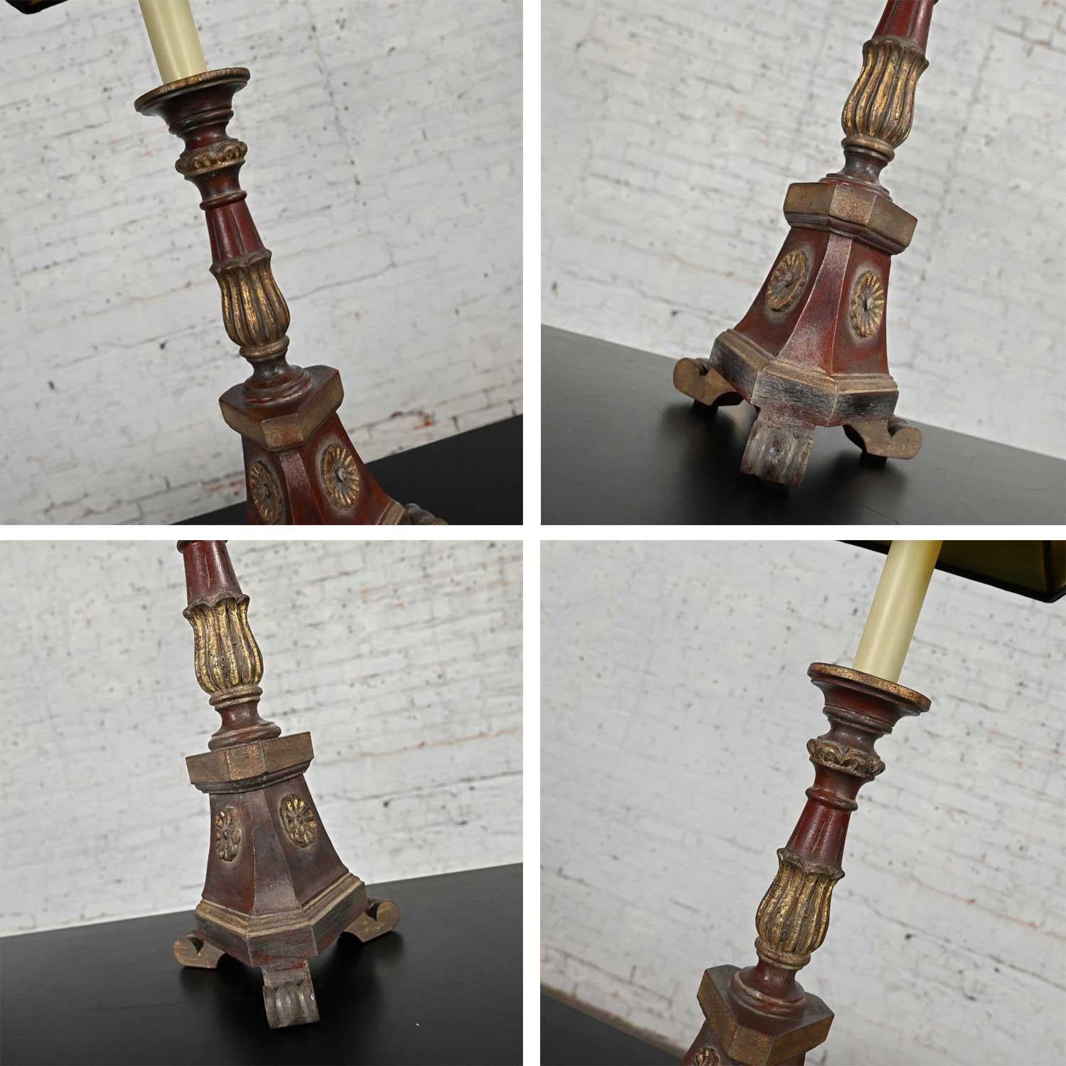 Late 20th Regency Style Chapman Pair Painted & Gilt Carved Wood Candlestick Lamp For Sale 5