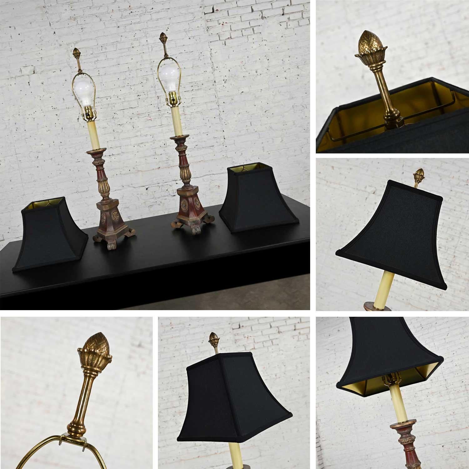 Late 20th Regency Style Chapman Pair Painted & Gilt Carved Wood Candlestick Lamp For Sale 6