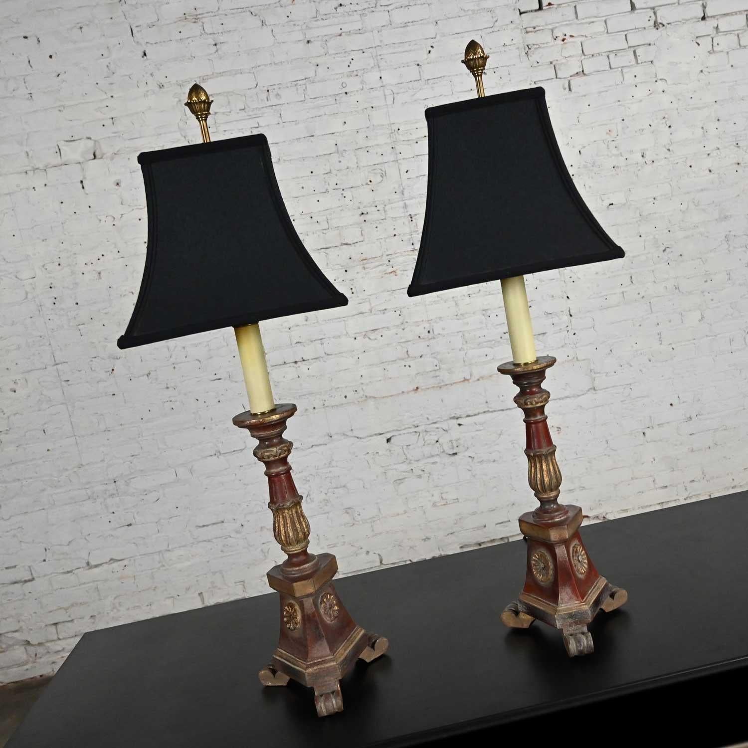 Late 20th Regency Style Chapman Pair Painted & Gilt Carved Wood Candlestick Lamp For Sale 8