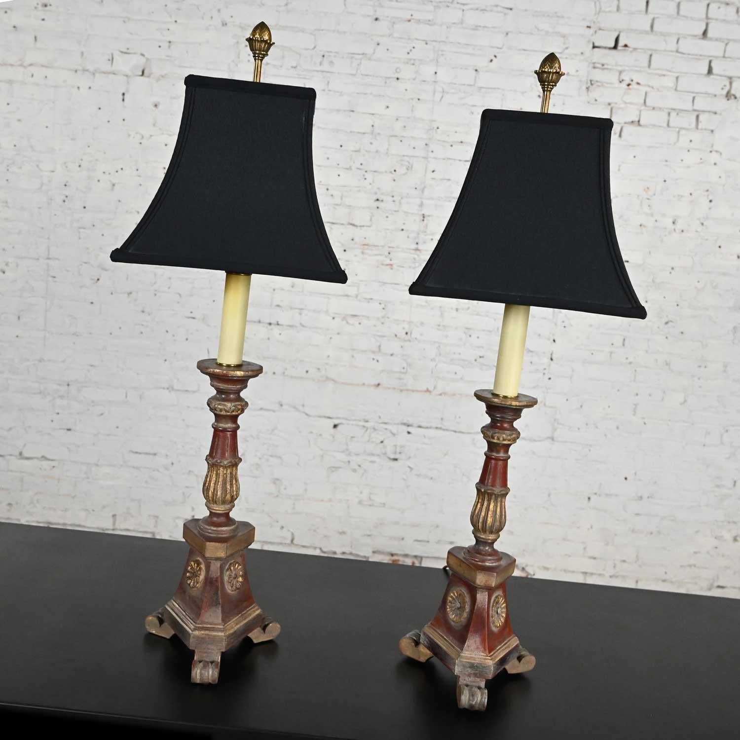 20th Century Late 20th Regency Style Chapman Pair Painted & Gilt Carved Wood Candlestick Lamp For Sale