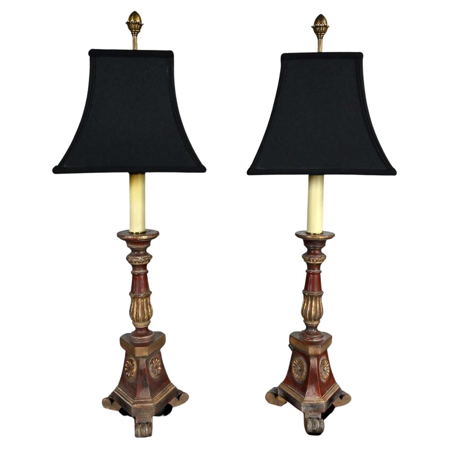Late 20th Regency Style Chapman Pair Painted & Gilt Carved Wood Candlestick Lamp For Sale