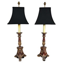 Late 20th Regency Style Chapman Pair Painted & Gilt Carved Wood Candlestick Lamp