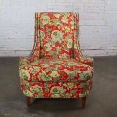 Late 20th to Early 21st Century Traditional Red Floral Accent Chair w/Swooped Ar