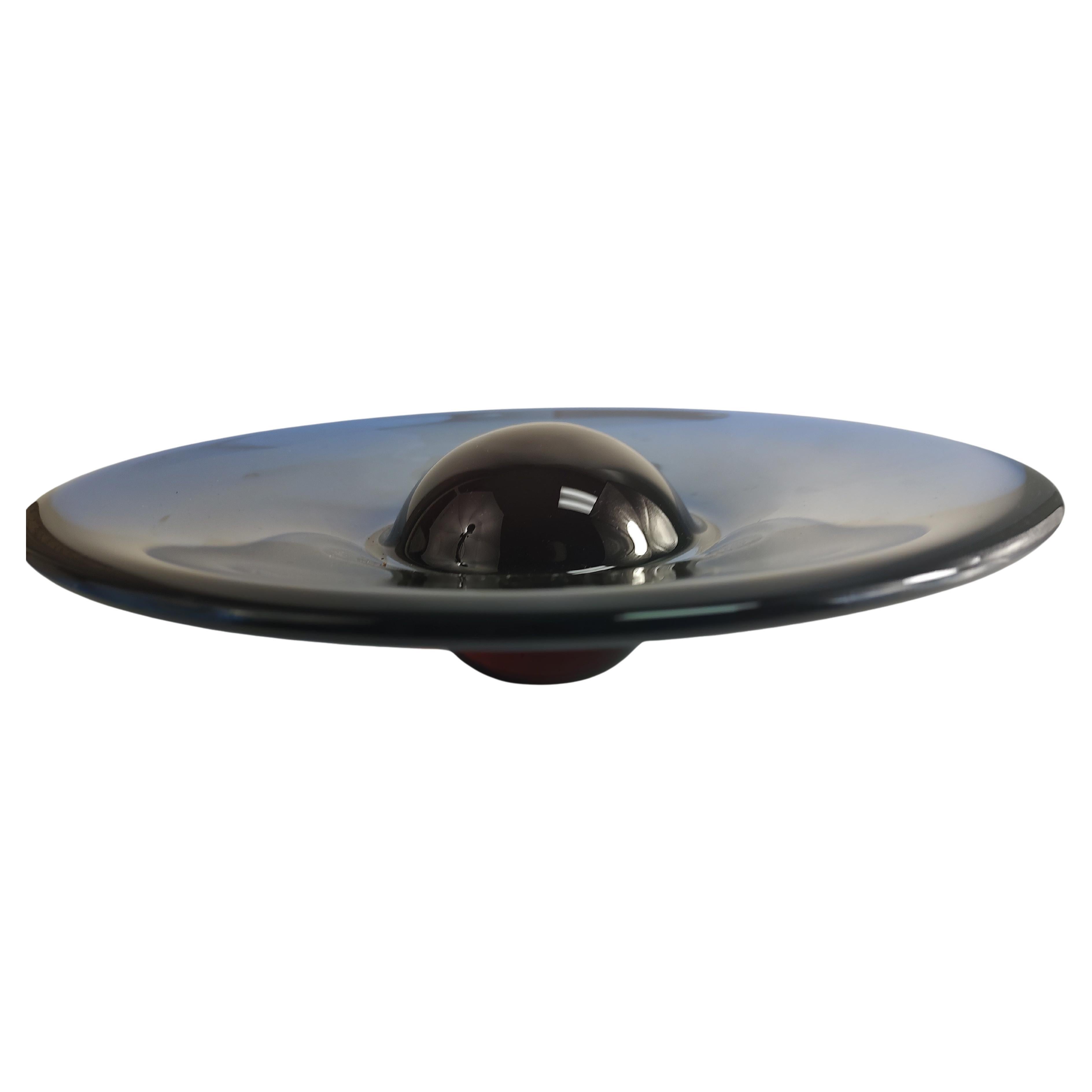 Fabulous Art Glass Dish by Jaroslav Wasserbauer, UFO dish with a very dark red ball in the center.  Fantastic color, signed. In excellent condition with no flaws or marks of any kind