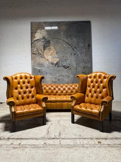 Late 20thC Leather Chesterfield 3 Piece Suite Restored in Hand Dyed Leather