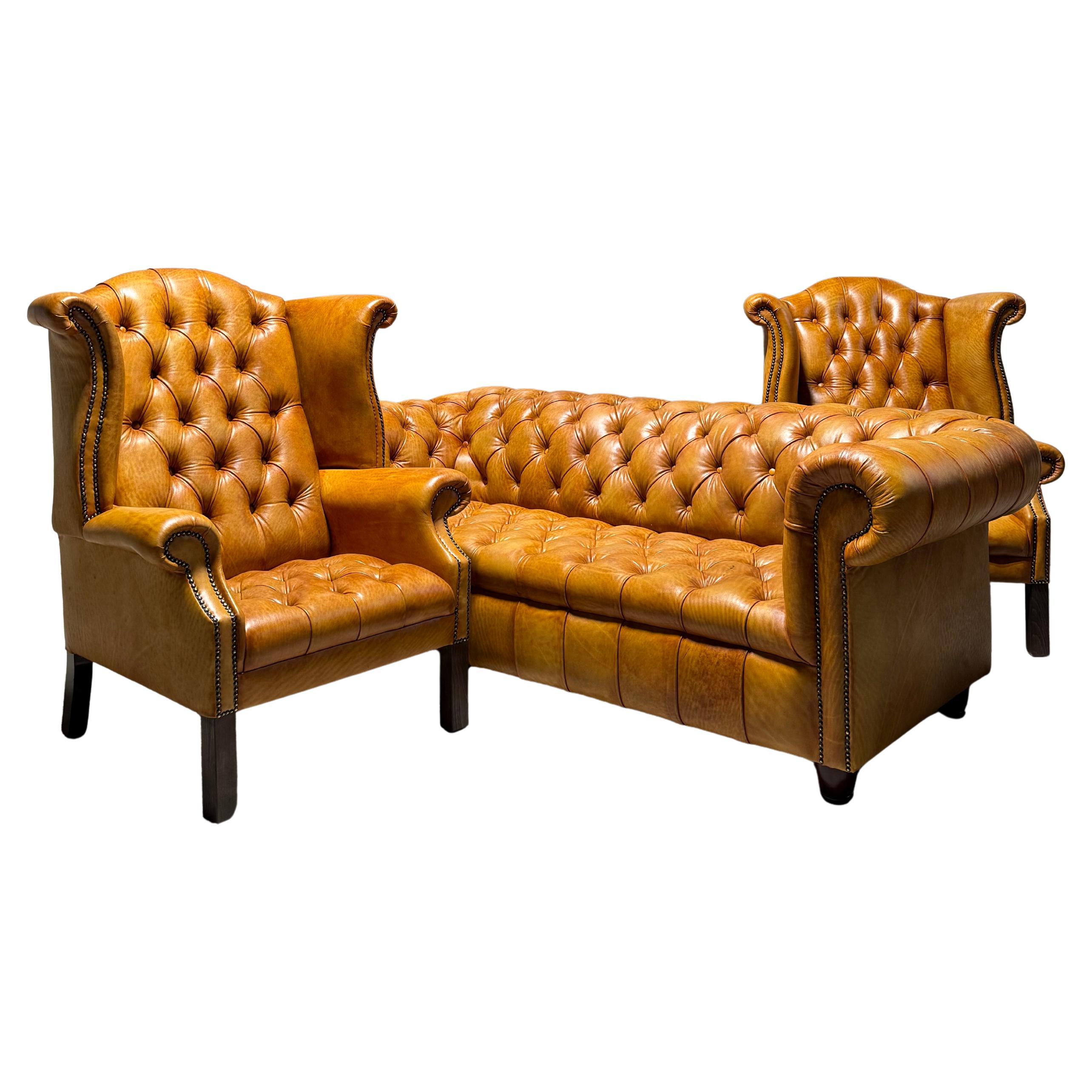 Late 20thC Leder Chesterfield 3 Stück Suite restauriert in Hand gefärbtes Leder