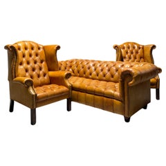 Late 20thC Leder Chesterfield 3 Stück Suite restauriert in Hand gefärbtes Leder
