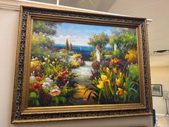 Fin du 20e siècle encadré Peinture originale d'un paysage de jardin méditerranéen