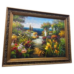 Fin du 20e siècle encadré Peinture originale d'un paysage de jardin méditerranéen