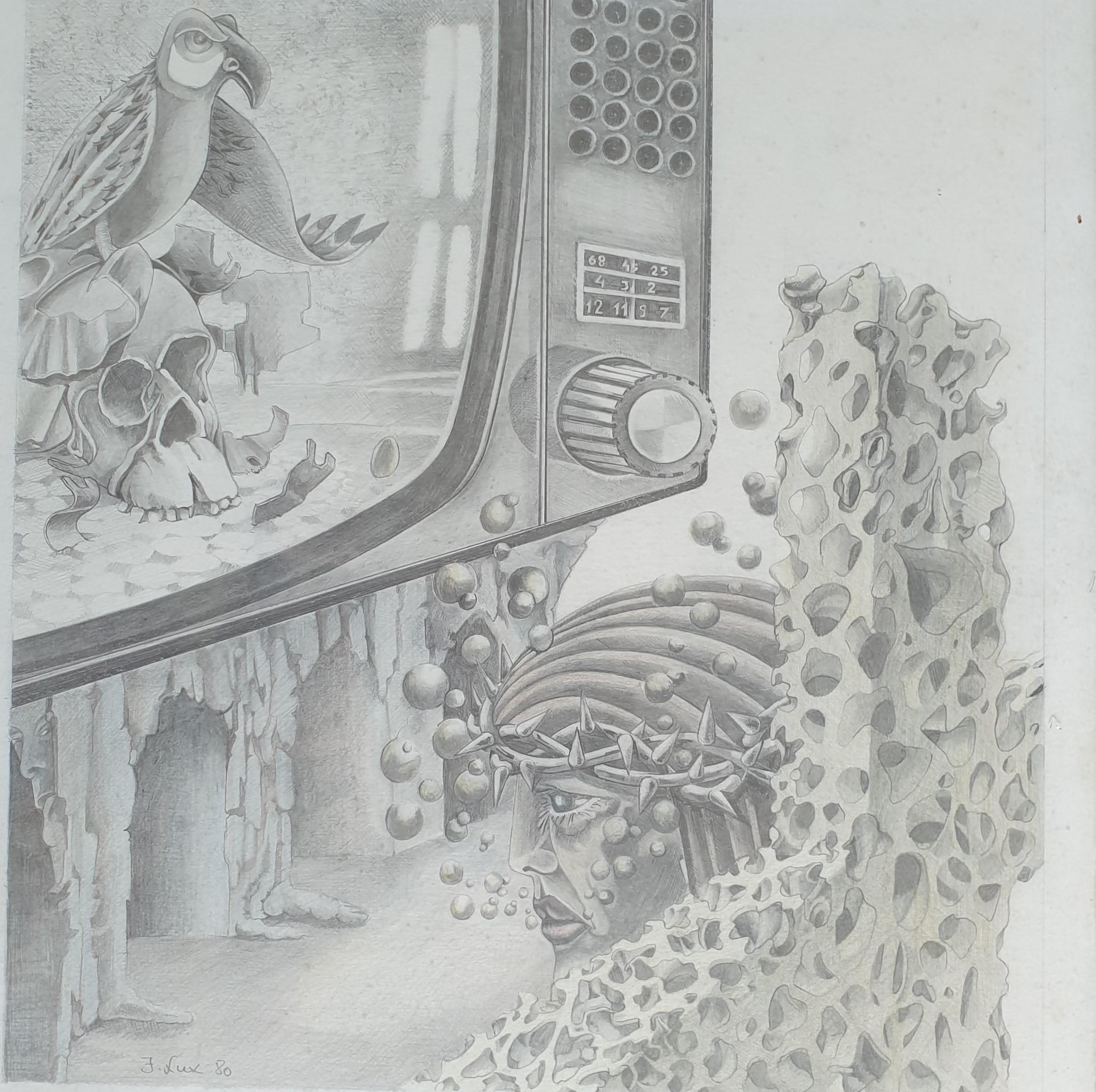 Unusual Surrealist style artwork depicting the fall of Western religion. This is an original art piece in the Surrealist manner with final detail and shading. Signed to back.