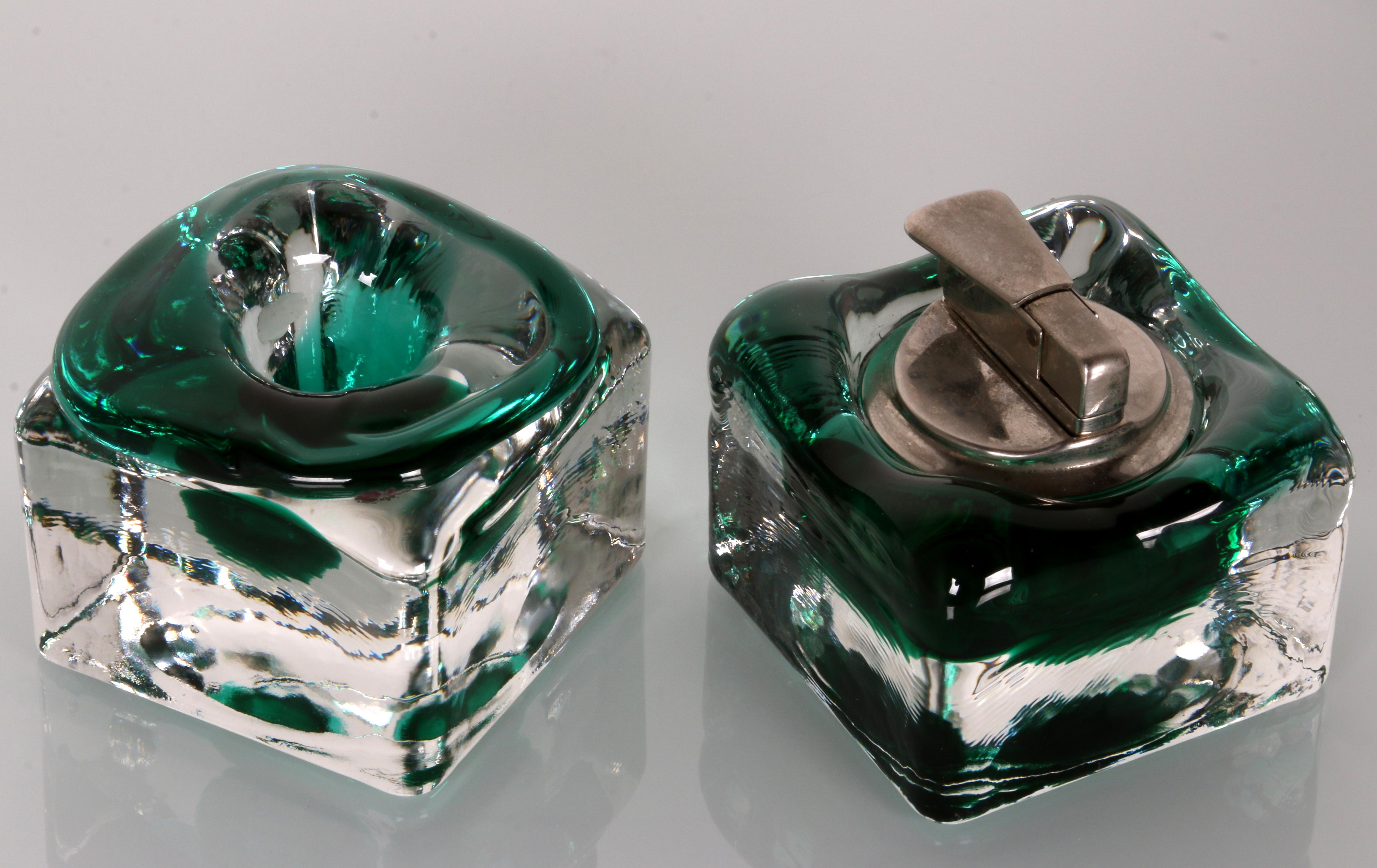 Italian late 60s early 70s SET of a sommerso glass ashtray a candle holder and a lighter