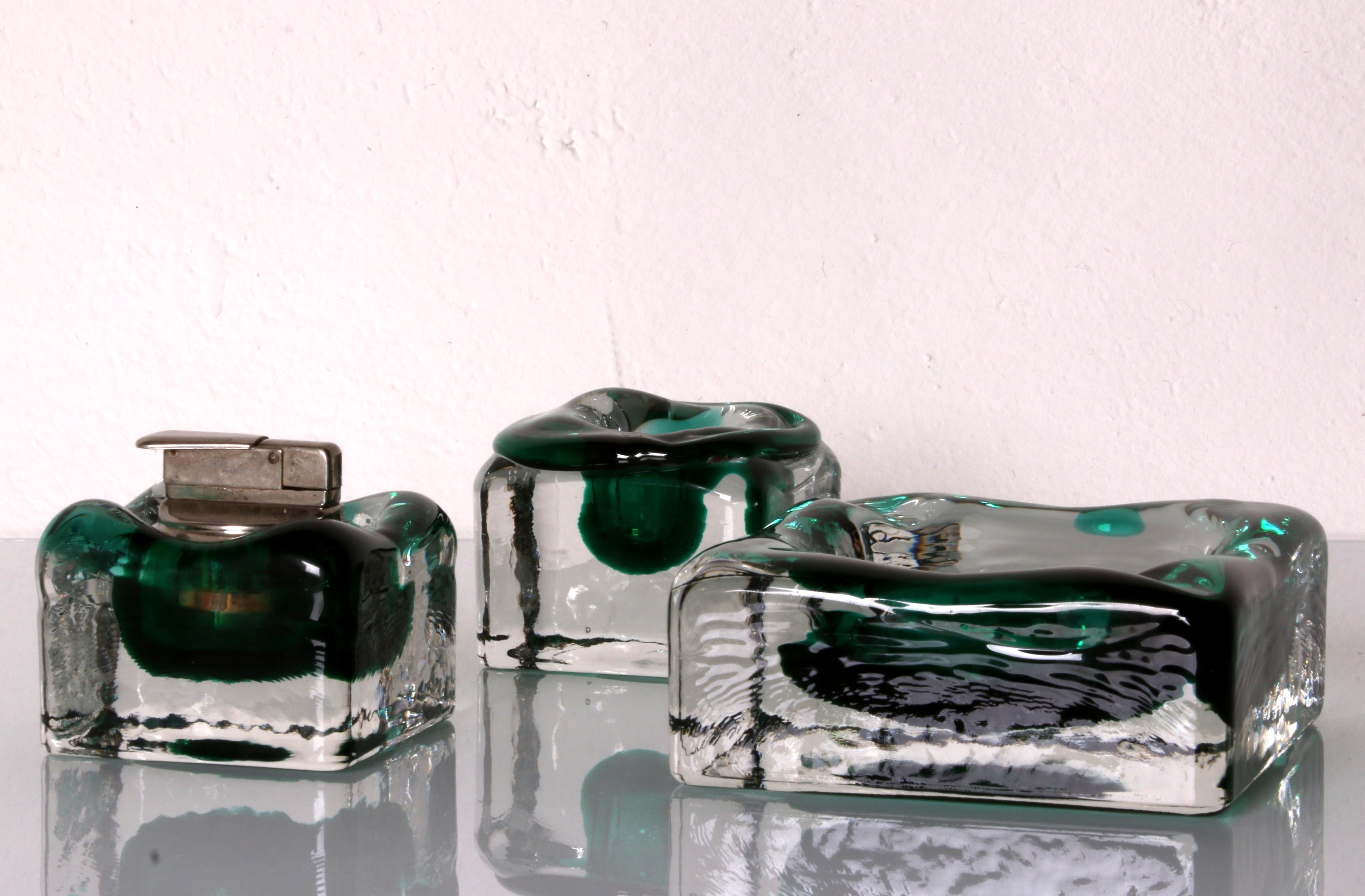 Art Glass late 60s early 70s SET of a sommerso glass ashtray a candle holder and a lighter