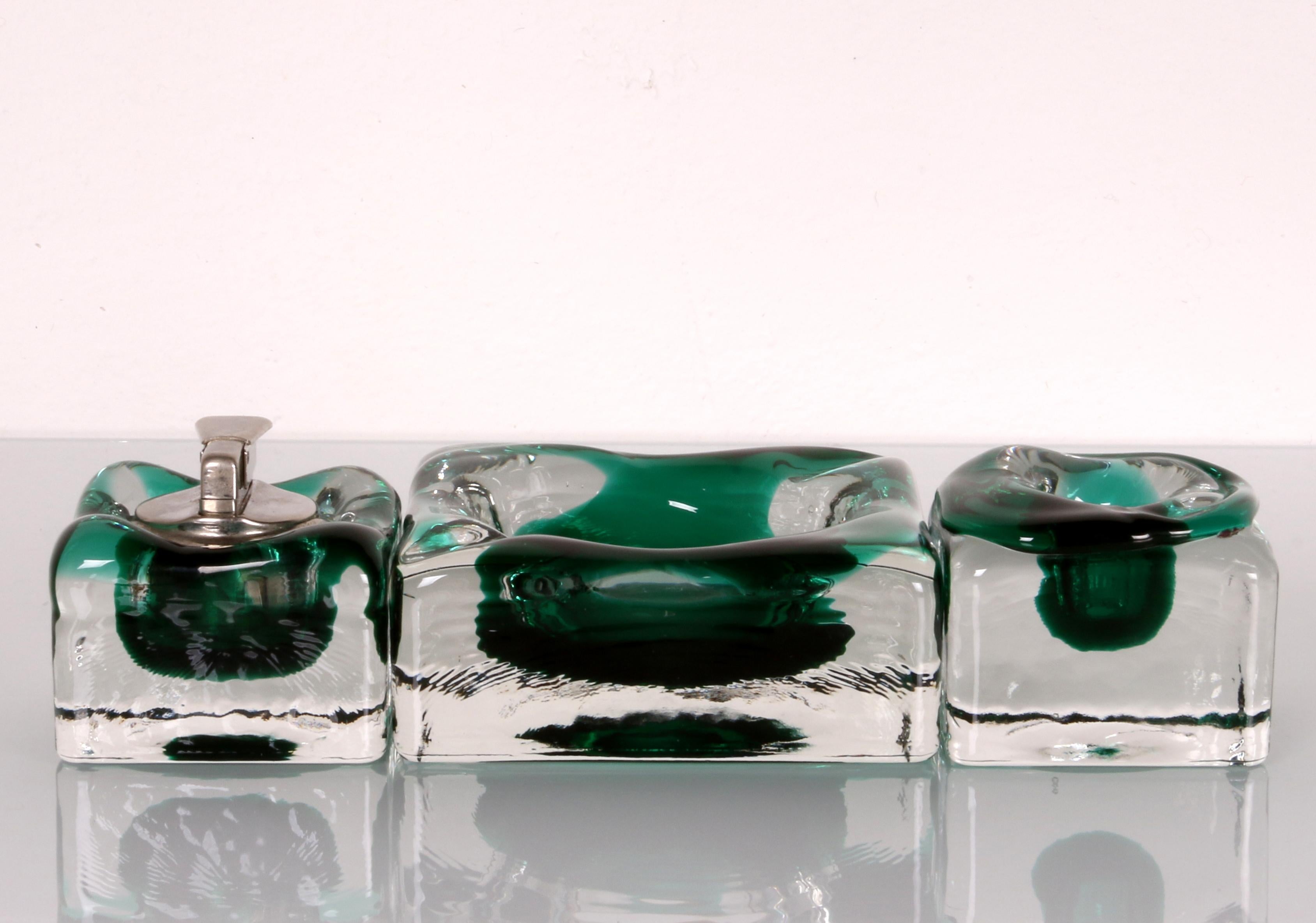 late 60s early 70s SET of a sommerso glass ashtray a candle holder and a lighter 1