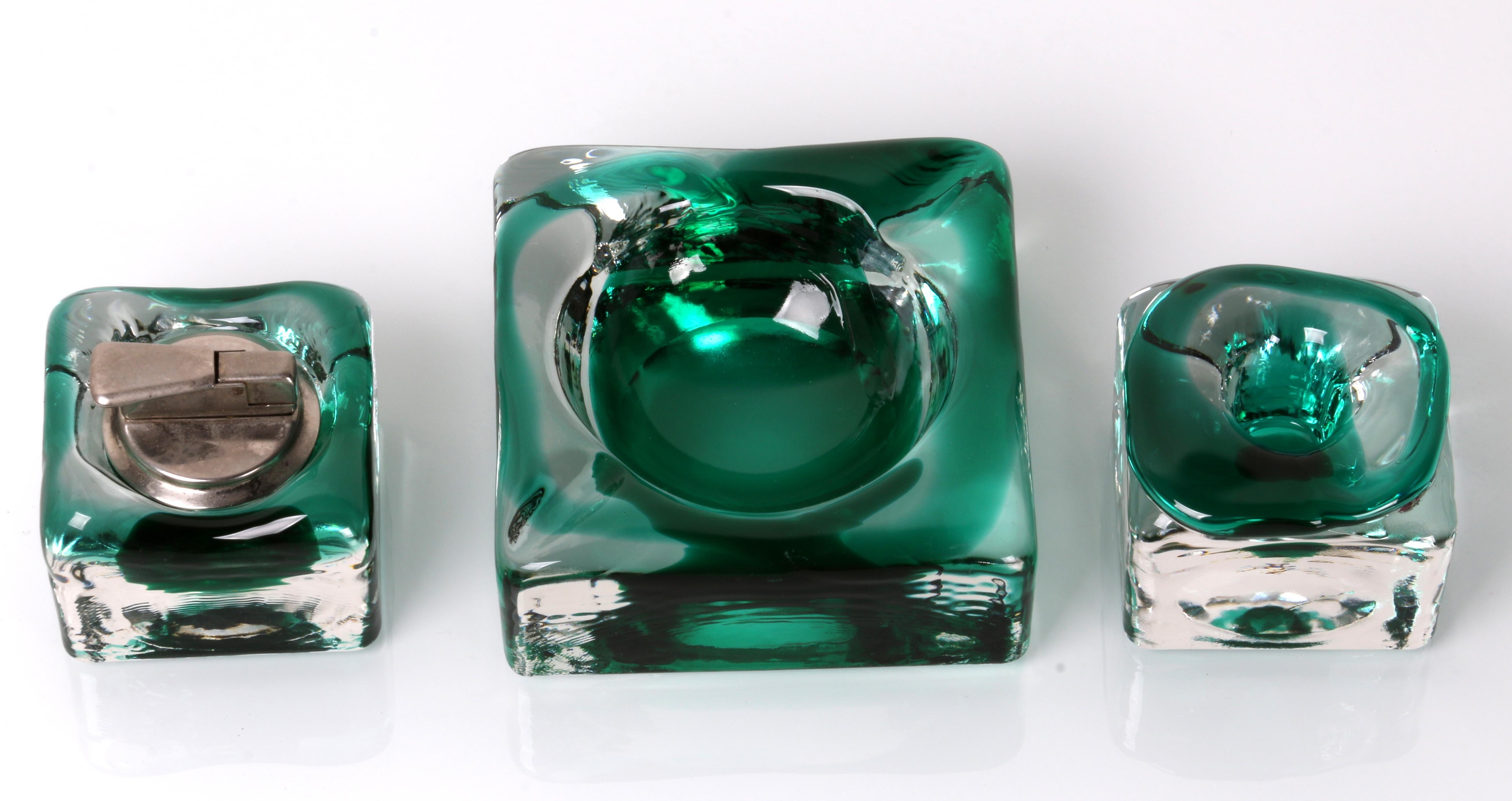 late 60s early 70s SET of a sommerso glass ashtray a candle holder and a lighter 2