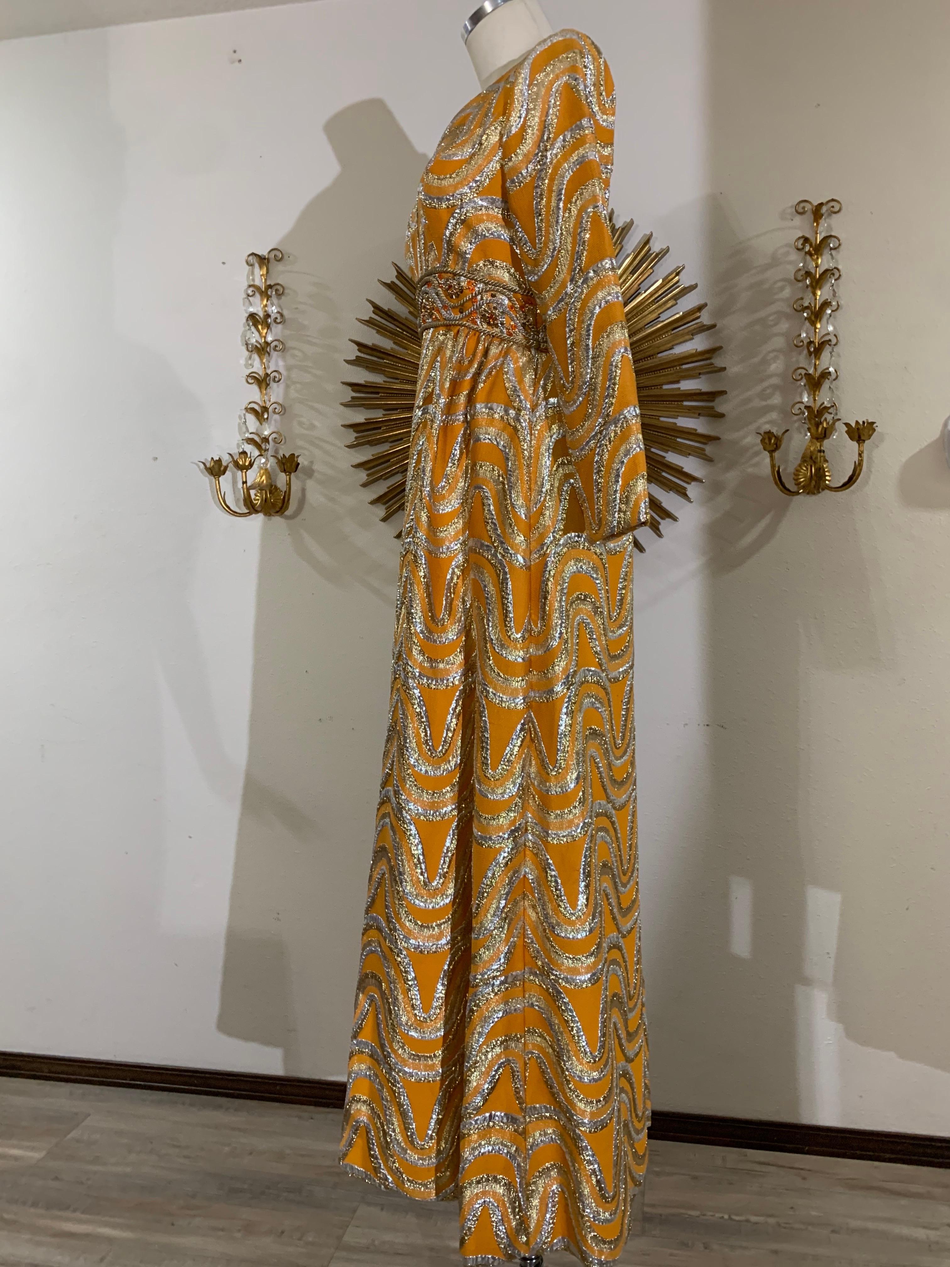 Late 60s Gold and Silver Lame Brocade Psychedelic Gown w Jeweled Empire Waist For Sale 7
