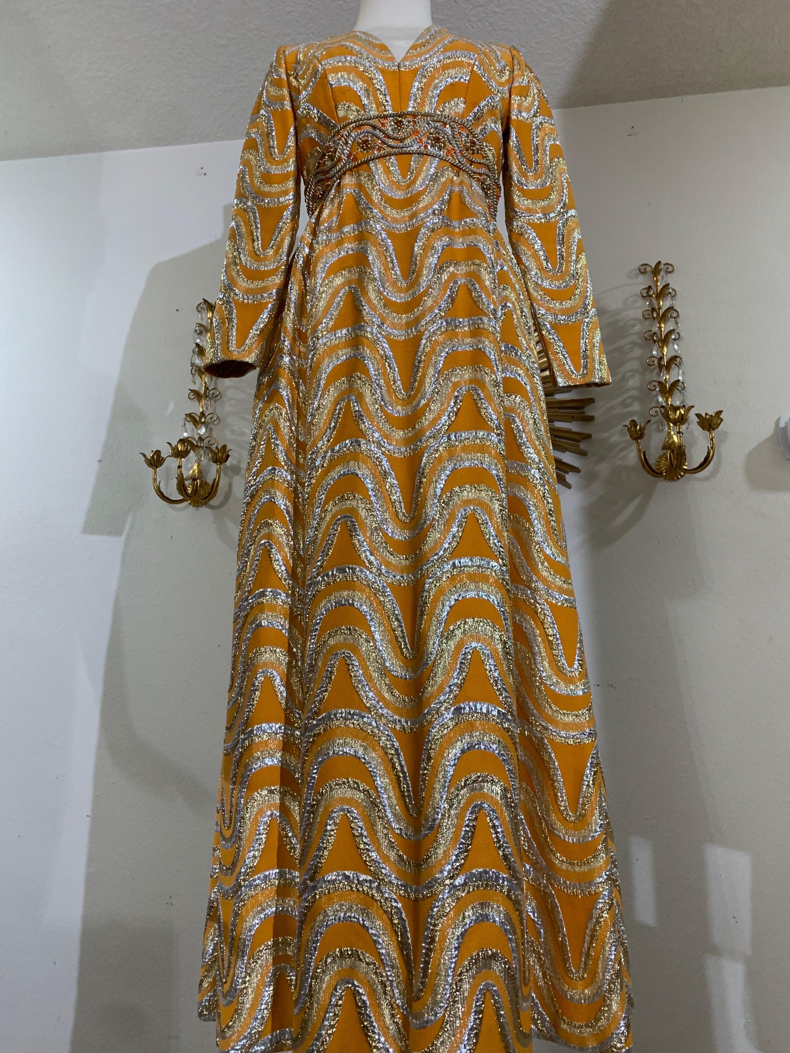 Late 60s Gold and Silver Lame Brocade Psychedelic Gown w Jeweled Empire Waist For Sale 8