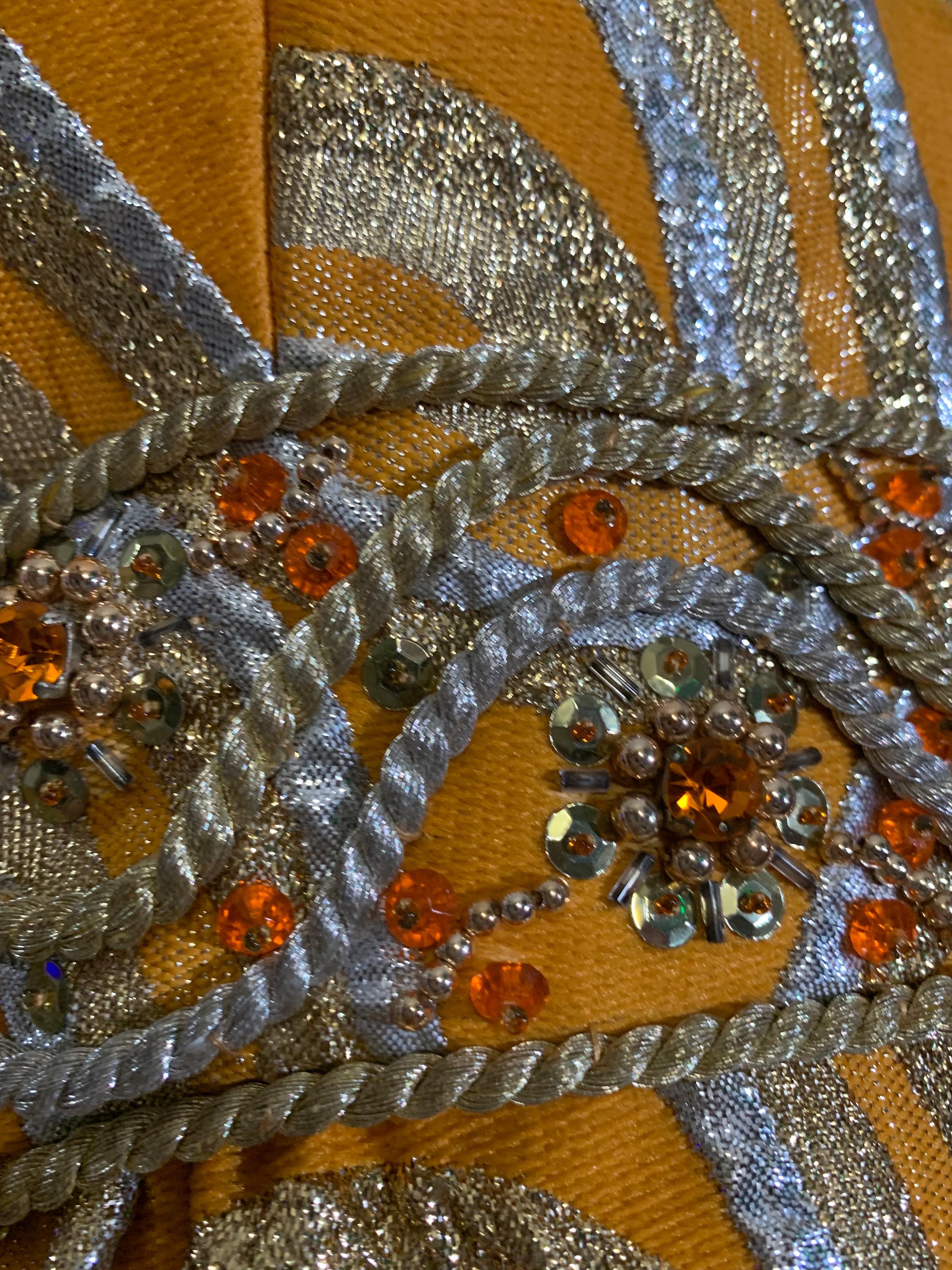 Late 60s Gold and Silver Lame Brocade Psychedelic Gown w Jeweled Empire Waist For Sale 9