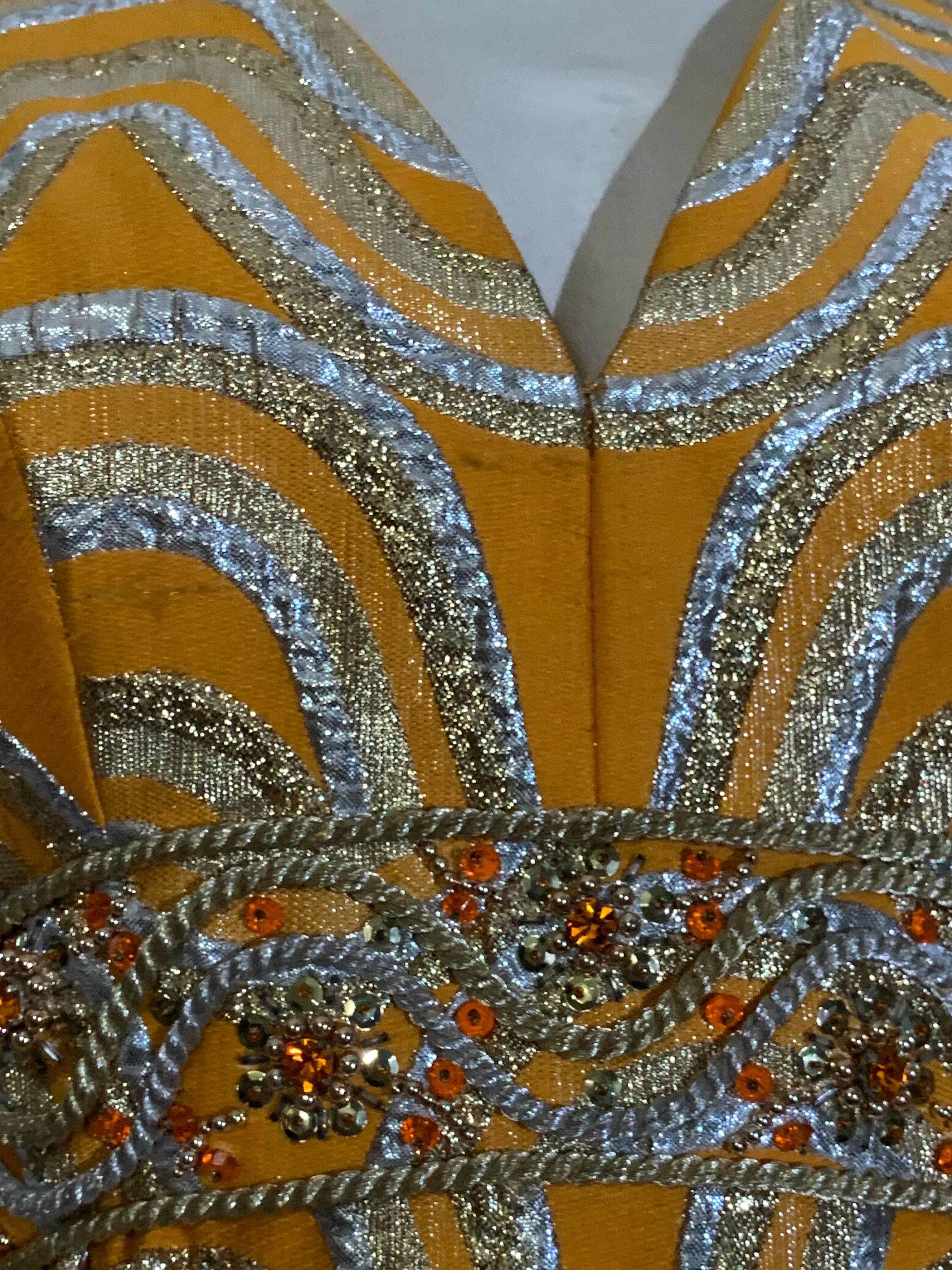 Late 60s Gold and Silver Lame Brocade Psychedelic Gown w Jeweled Empire Waist For Sale 11