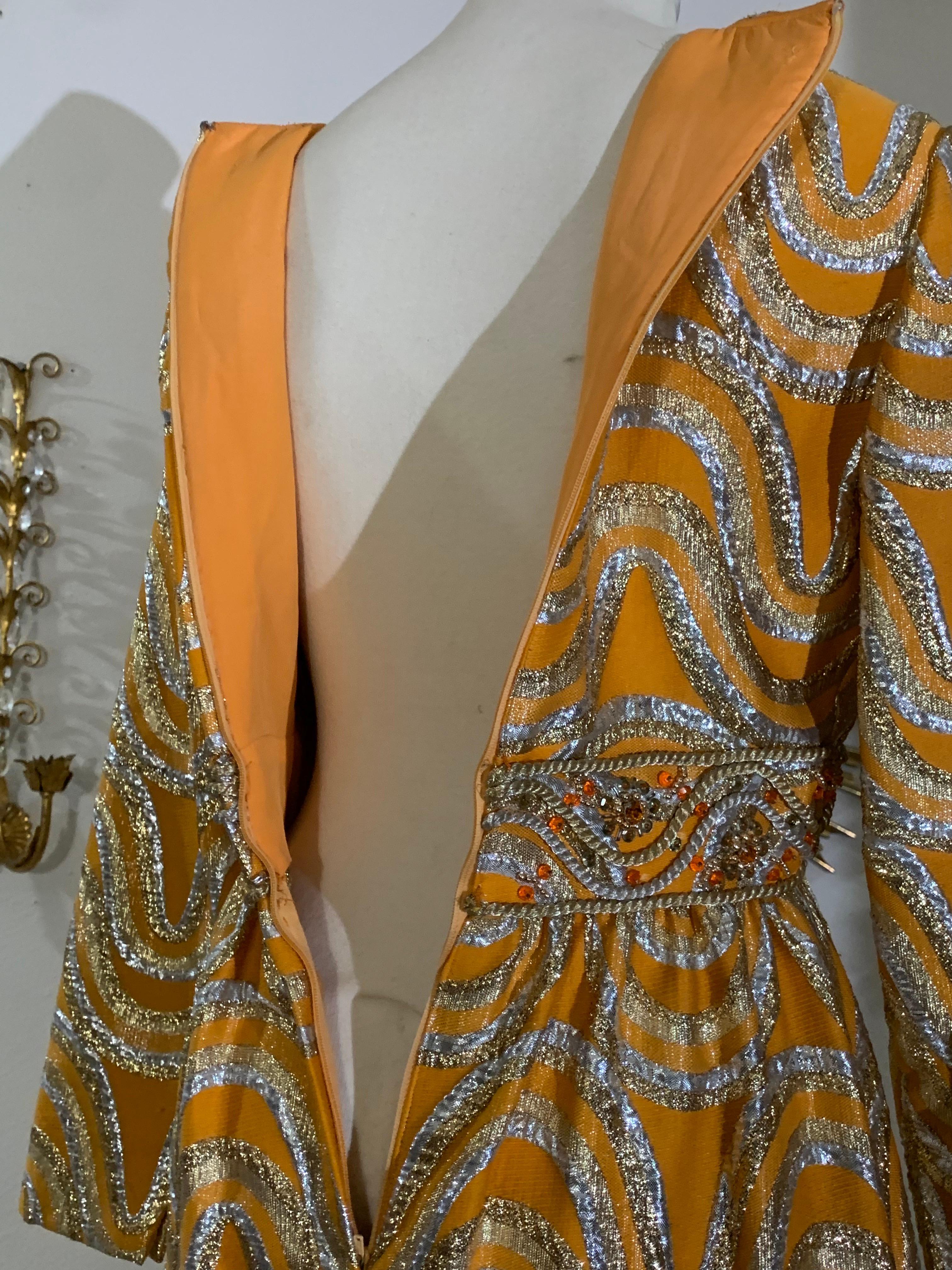 Late 60s Gold and Silver Lame Brocade Psychedelic Gown w Jeweled Empire Waist For Sale 14