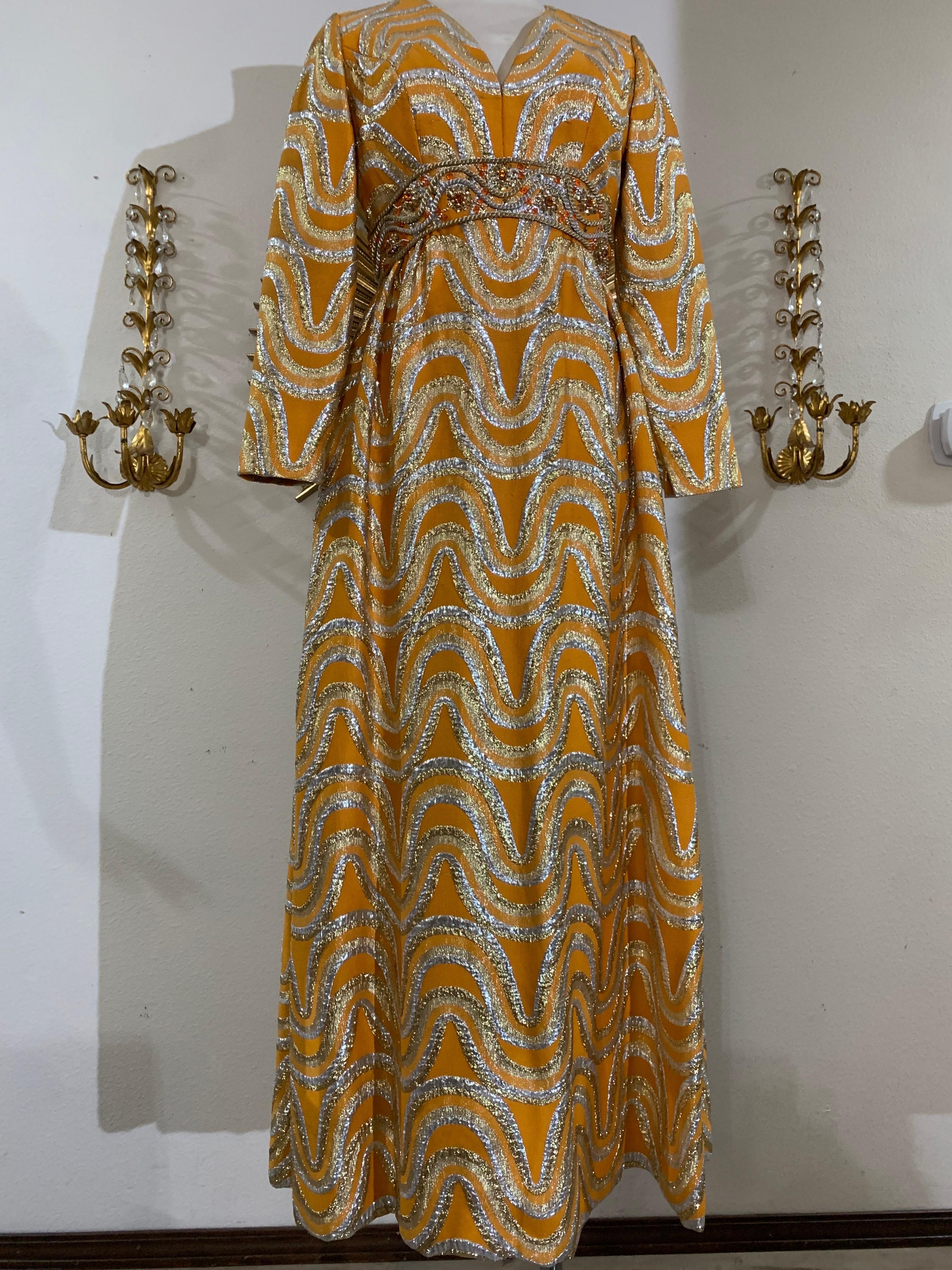 Late 60s Gold and Silver Lame Brocade Psychedelic Maxi Dress or Gown w Jeweled Empire Waist; A spectacular apricot, silver and gold metallic brocade in a 