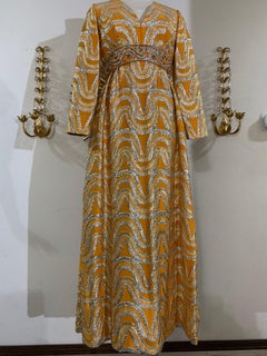 Late 60s Gold and Silver Lame Brocade Psychedelic Gown w Jeweled Empire Waist