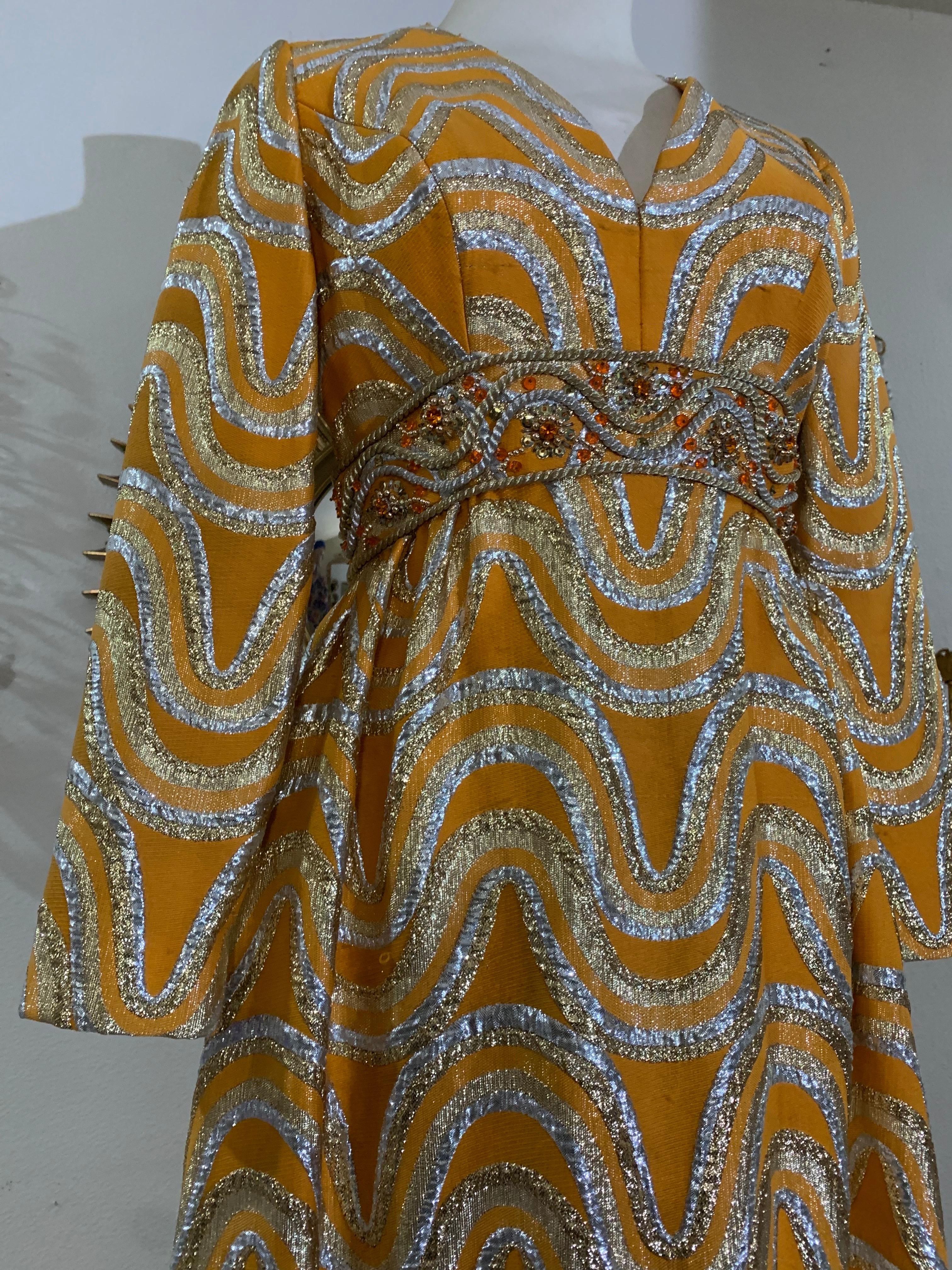 Brown Late 60s Gold and Silver Lame Brocade Psychedelic Gown w Jeweled Empire Waist For Sale