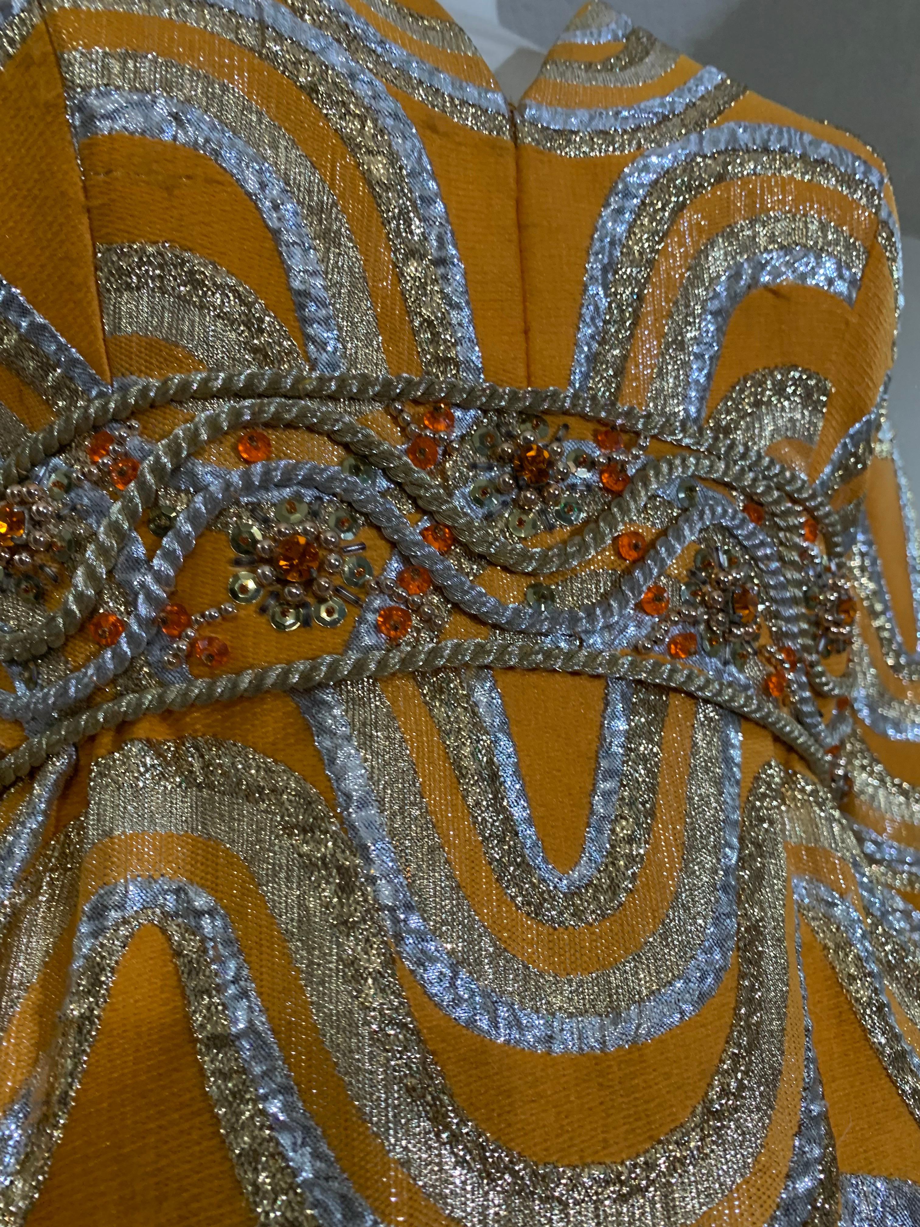 Late 60s Gold and Silver Lame Brocade Psychedelic Gown w Jeweled Empire Waist In Excellent Condition For Sale In Gresham, OR