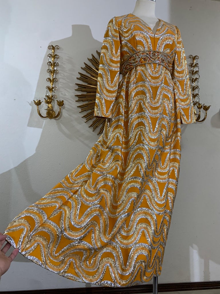 Late 60s Gold And Silver Lame Brocade Psychedelic Gown W Jeweled Empire Waist Late 60s Gold And Silver Lame Brocade Psychedelic Gown W Jeweled Empire Waist