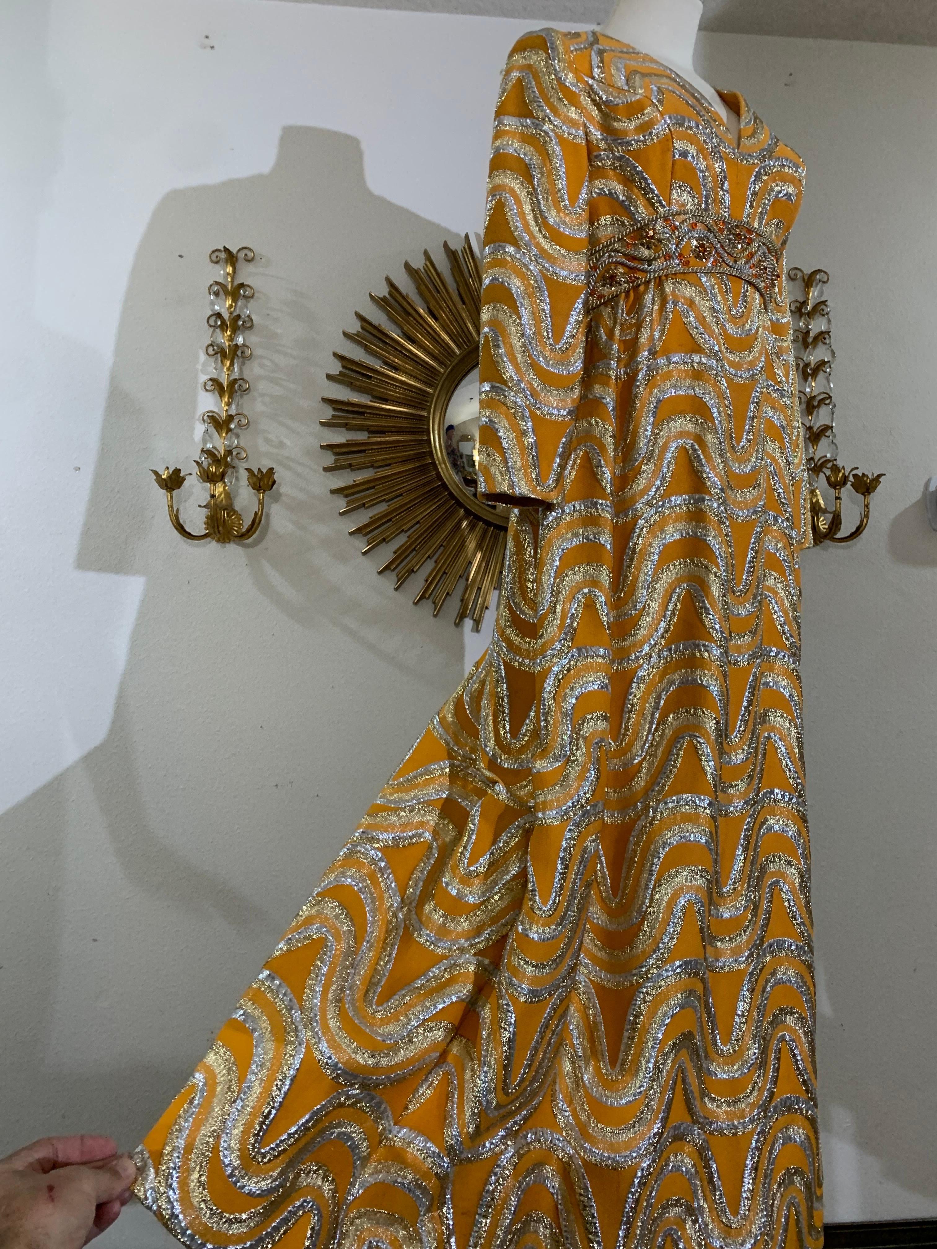 Late 60s Gold and Silver Lame Brocade Psychedelic Gown w Jeweled Empire Waist For Sale 1