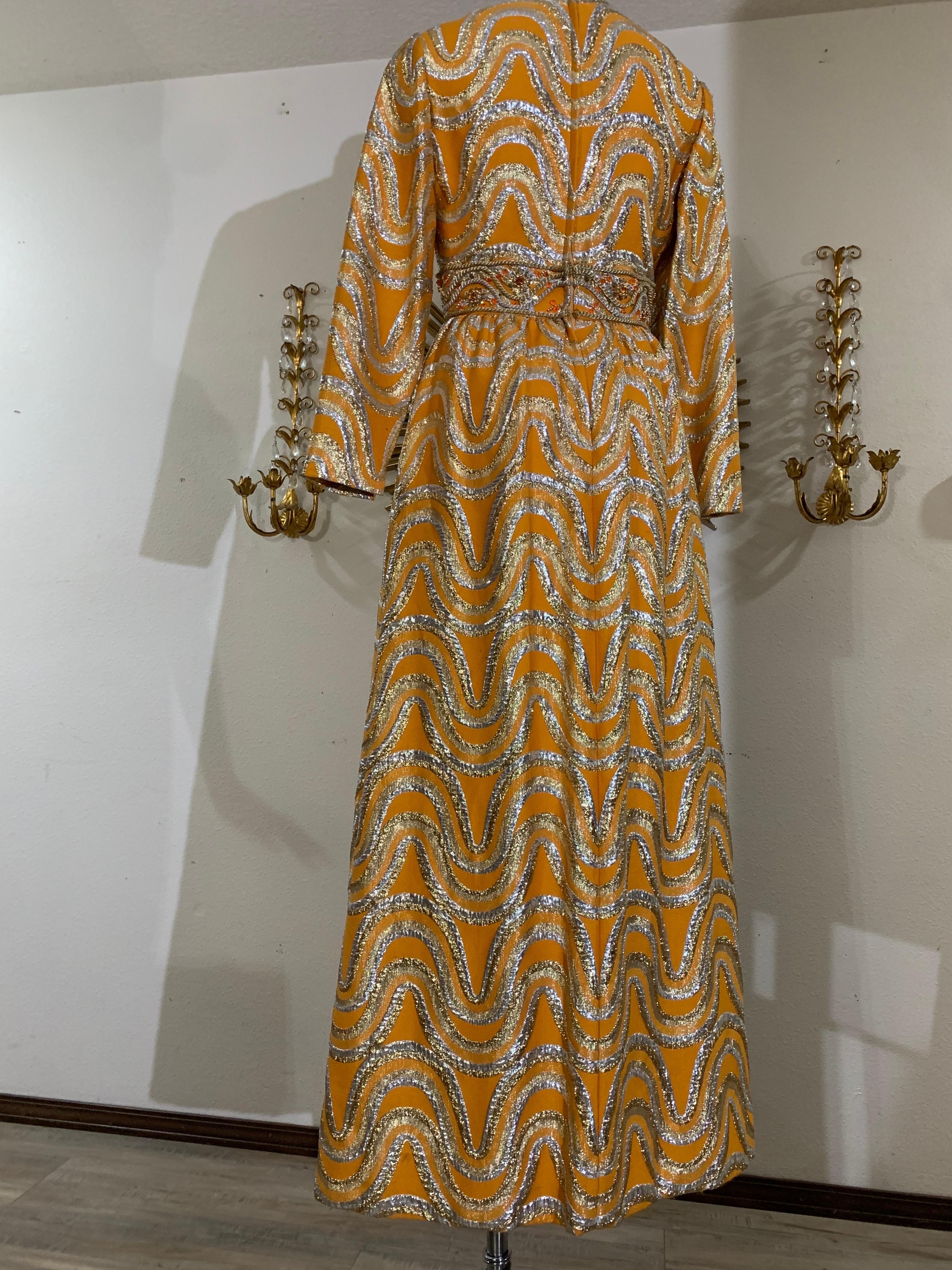 Late 60s Gold and Silver Lame Brocade Psychedelic Gown w Jeweled Empire Waist For Sale 2