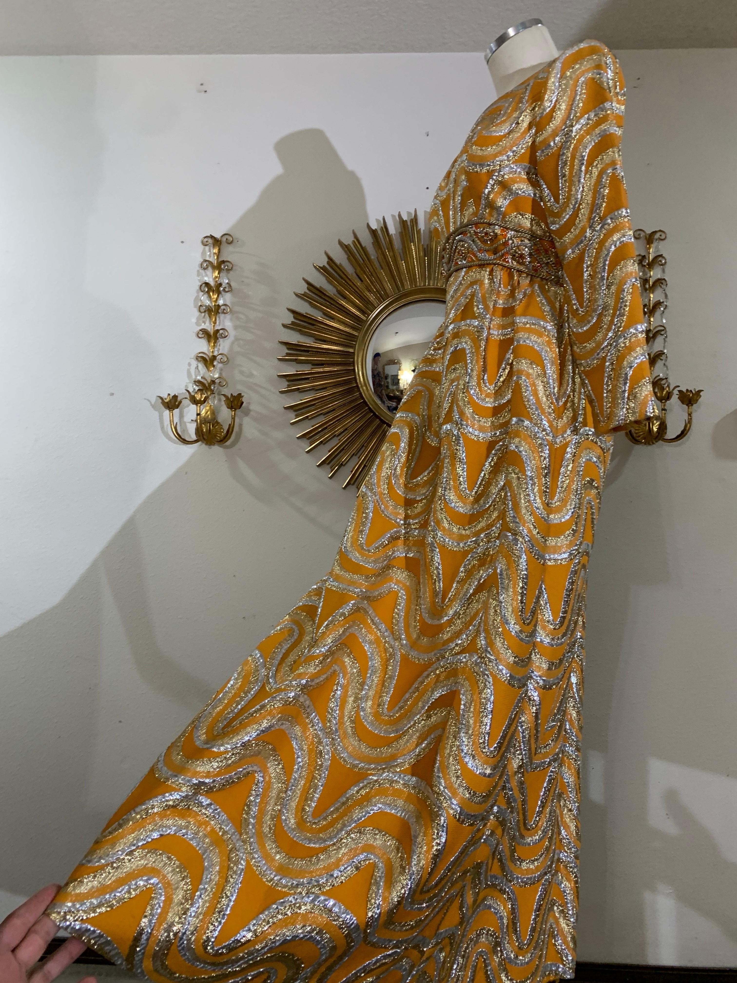 Late 60s Gold and Silver Lame Brocade Psychedelic Gown w Jeweled Empire Waist For Sale 3
