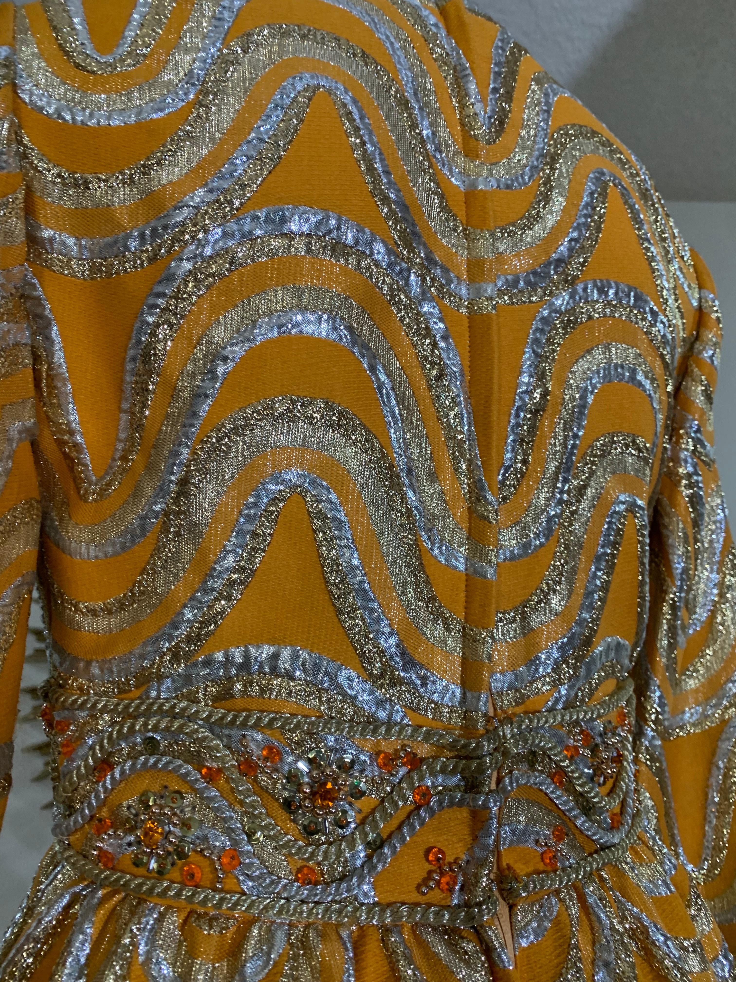 Late 60s Gold and Silver Lame Brocade Psychedelic Gown w Jeweled Empire Waist For Sale 4