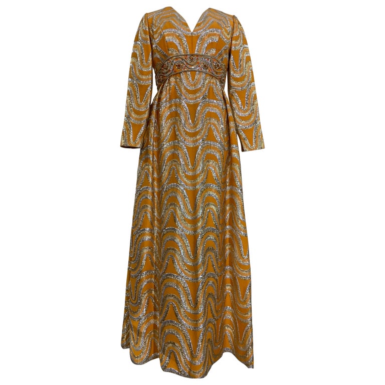 Late 60s Gold and Silver Lame Brocade Psychedelic Gown w Jeweled
