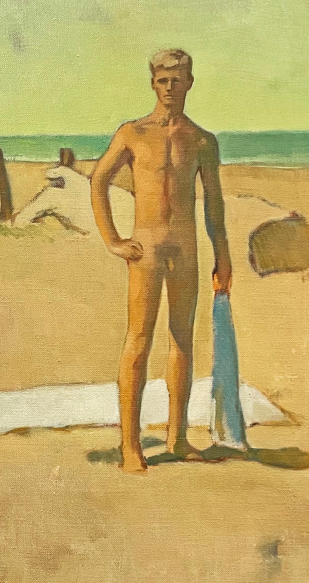 This atmospheric and magical view of a single nude male figure on a California beach is imbued with lovely, unexpected colors and textures which rise up to a sky that is a pale shade of green.  The blond young man has been sunbathing on a towel