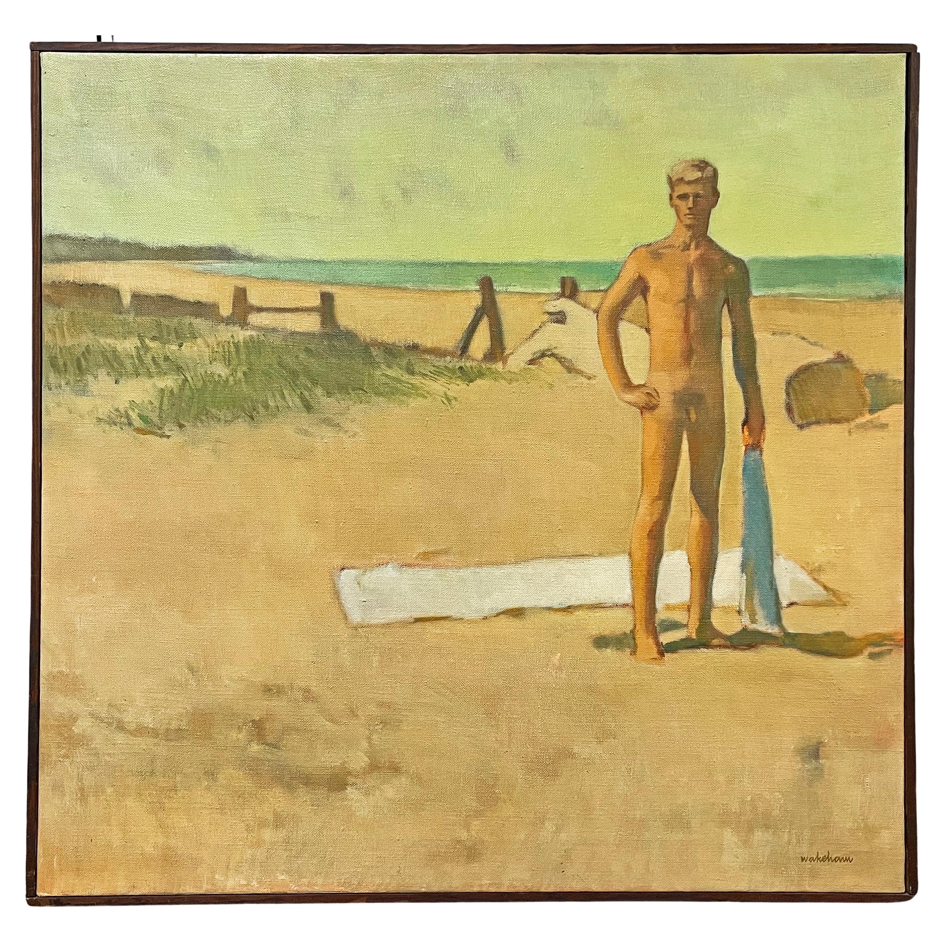 « Late Afternoon on the Beach », peinture du milieu du siècle avec figure masculine nue blonde
