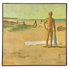 "Tarde en la playa", pintura de mediados de siglo con figura masculina rubia desnuda