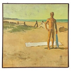 Vintage "Late Afternoon on the Beach", Mid Century Painting w/ Blond Nude Male Figure