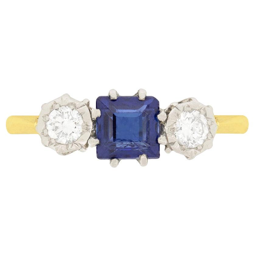 Late Art Deco 0.50 Carat Sapphire and Diamond Three-Stone Ring, circa 1930s For Sale