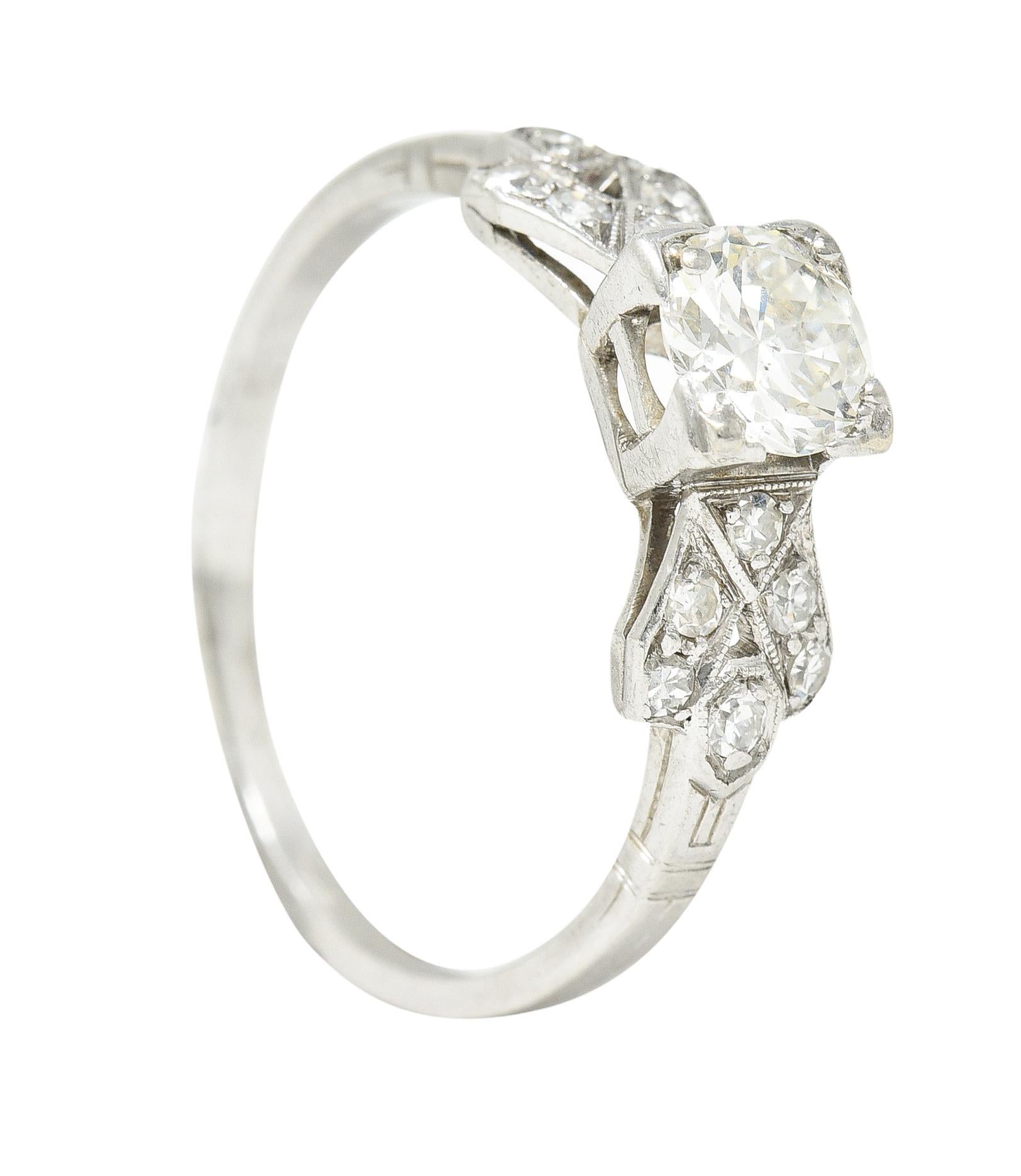 Late Art Deco 0.64 Carat Transitional Cut Diamond Platinum Engagement Ring For Sale 7