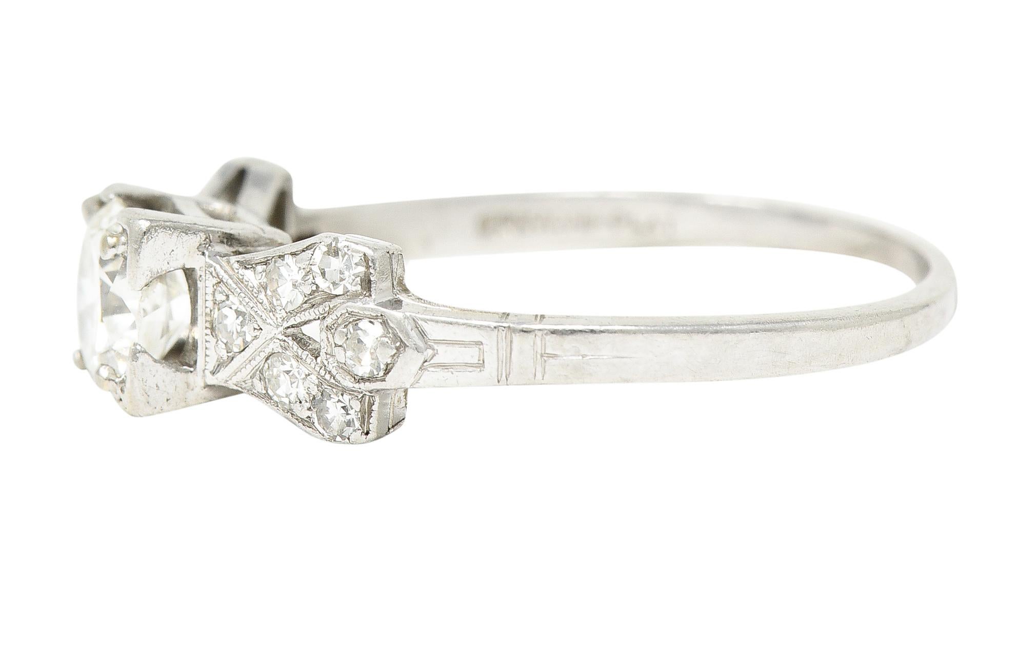 Women's or Men's Late Art Deco 0.64 Carat Transitional Cut Diamond Platinum Engagement Ring For Sale