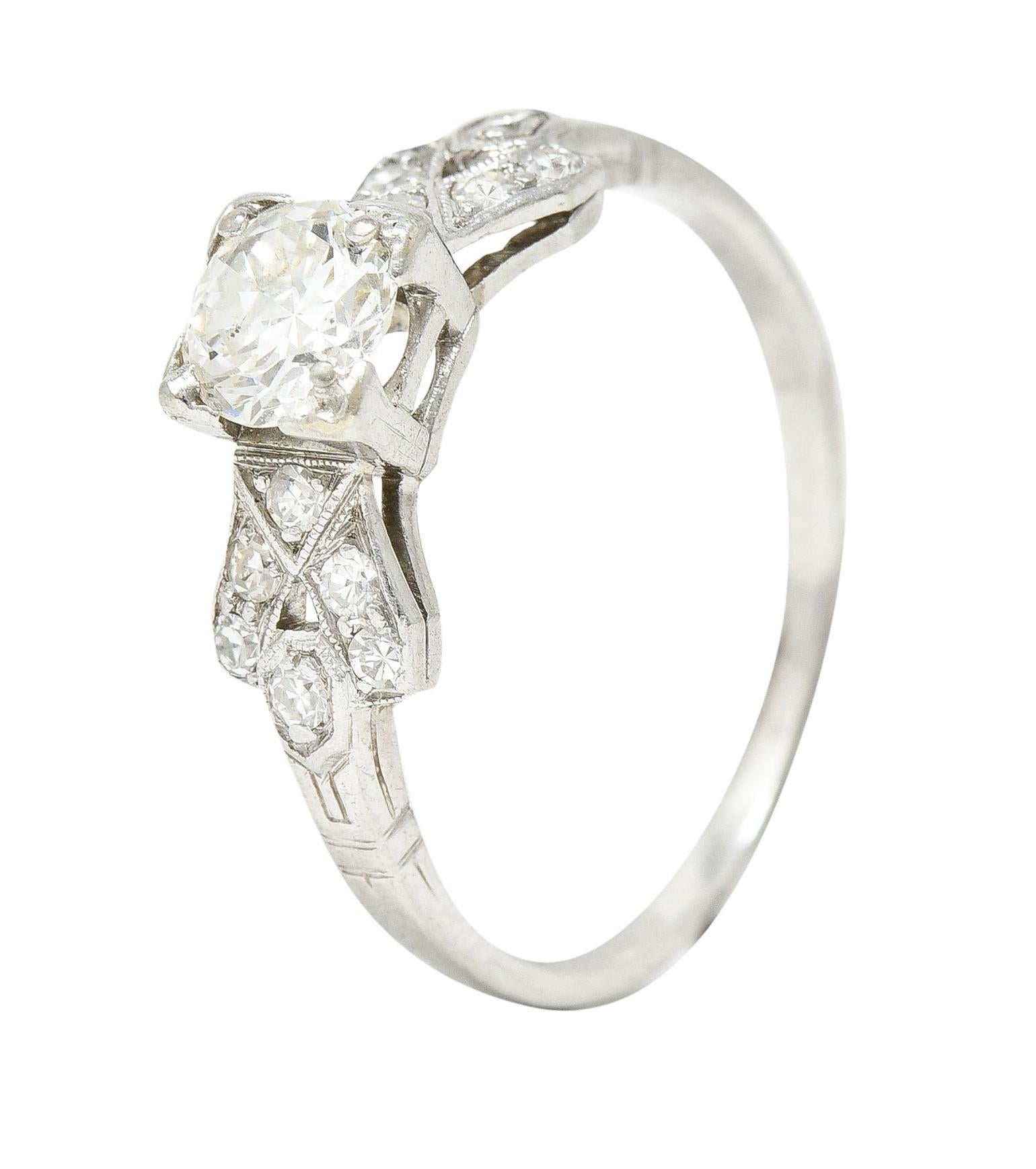 Late Art Deco 0.64 Carat Transitional Cut Diamond Platinum Engagement Ring For Sale 3