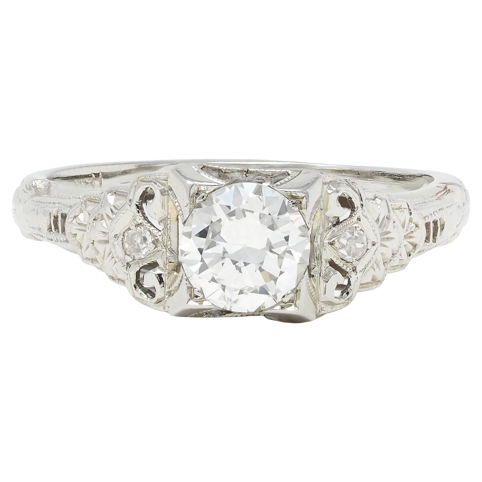 Late Art Deco 0.70 CTW Diamond 18K White Gold Vintage Lotus Engagement Ring