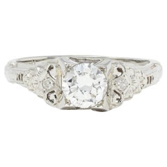 Late Art Deco 0.70 CTW Diamond 18K White Gold Vintage Lotus Engagement Ring