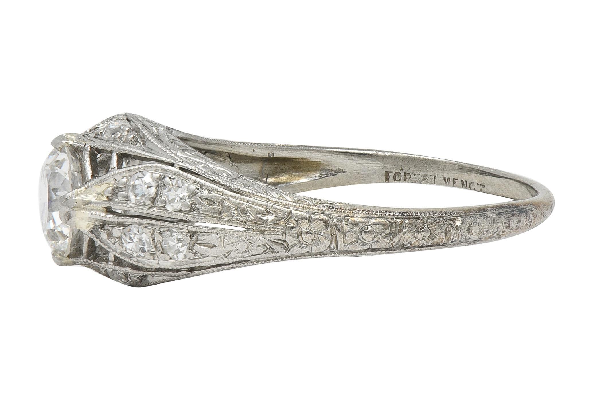 da uomo o donna Anello di fidanzamento tardo Art Deco con diamante da 0,84 CTW in platino con bombatura fogliare vintage in vendita