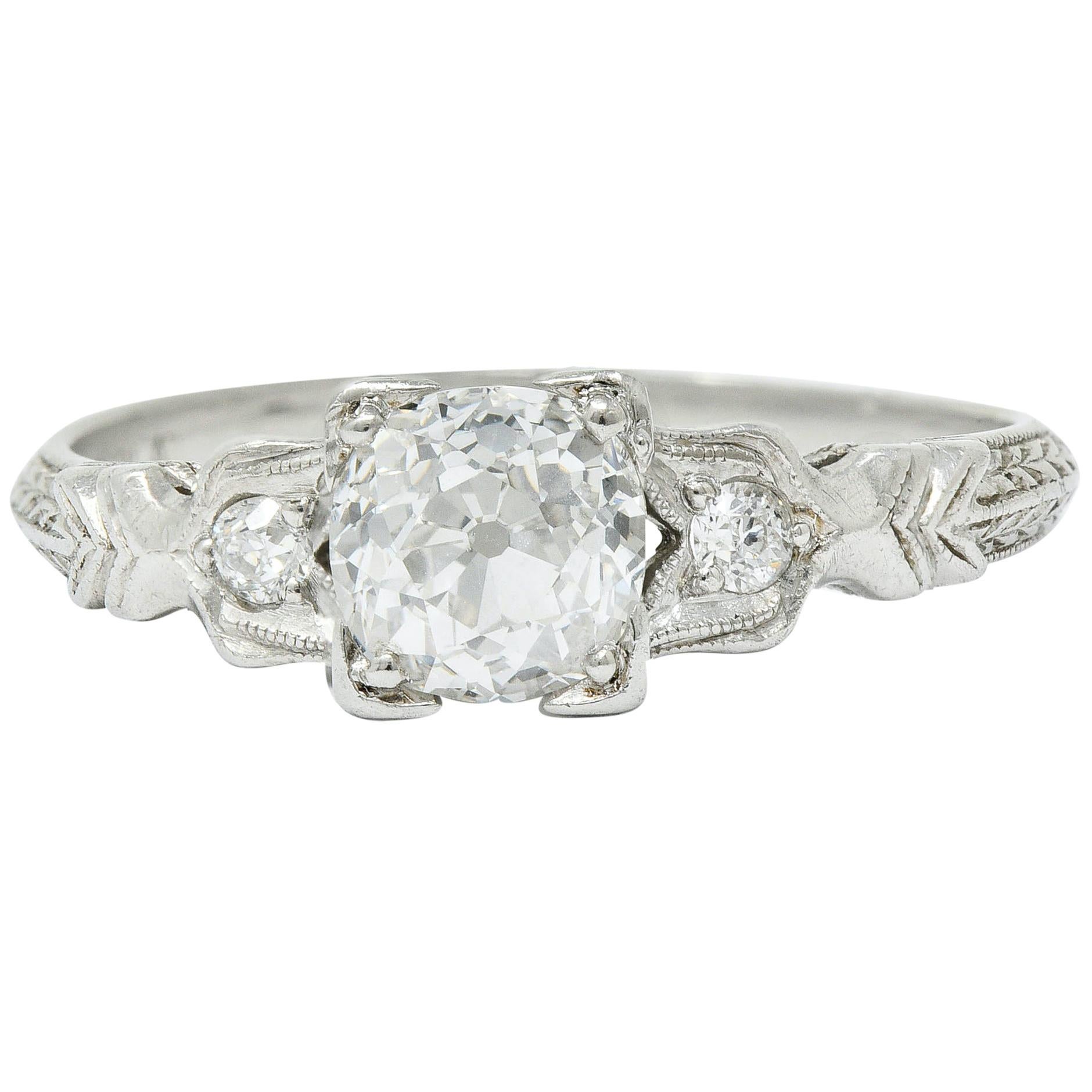 Late Art Deco 0.90 Carat Diamond Platinum Tulip Engagement Ring GIA