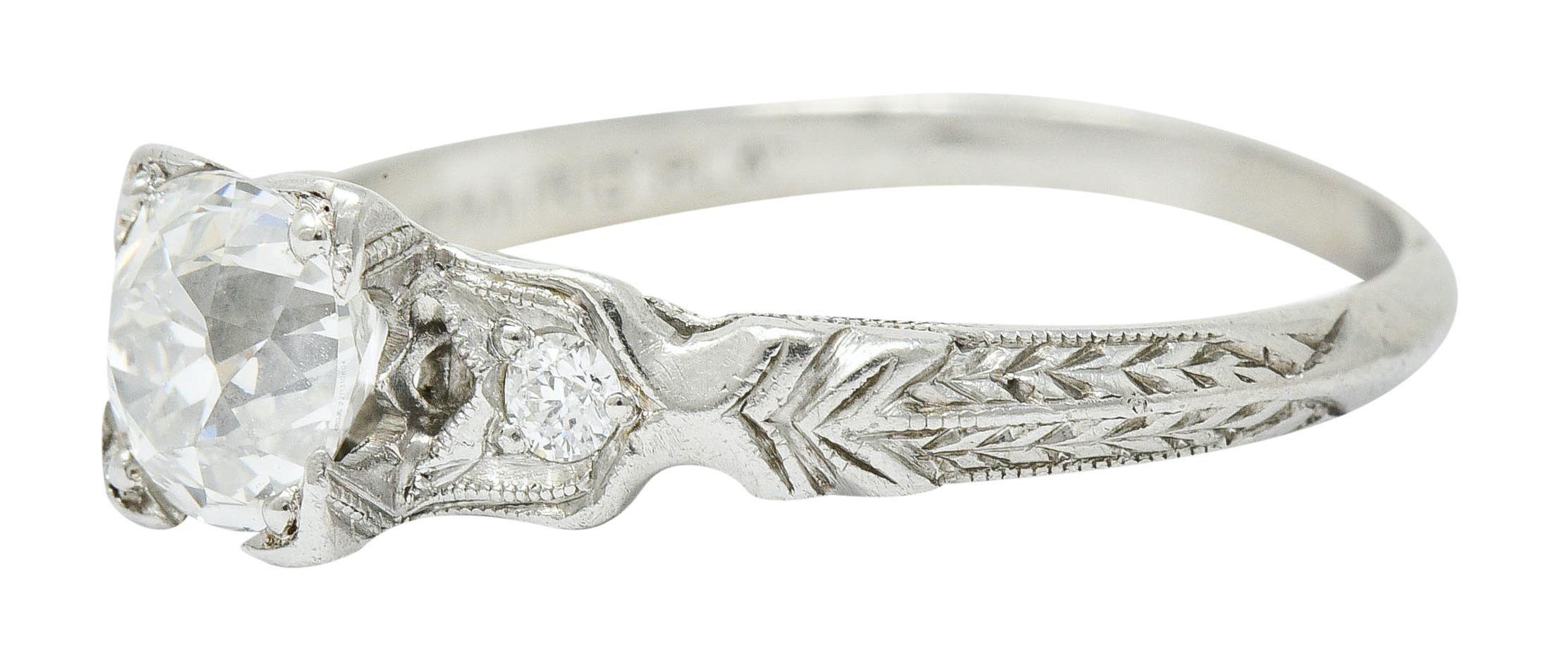 Late Art Deco 0.90 Carat Diamond Platinum Tulip Engagement Ring GIA 1