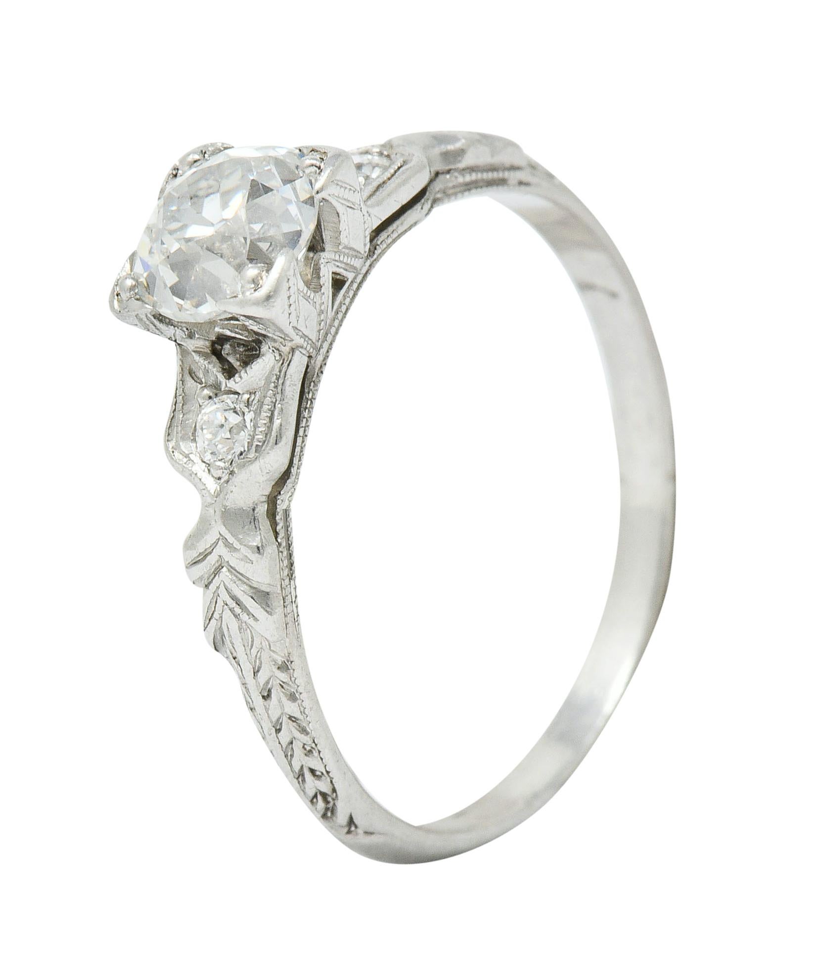 Late Art Deco 0.90 Carat Diamond Platinum Tulip Engagement Ring GIA 3