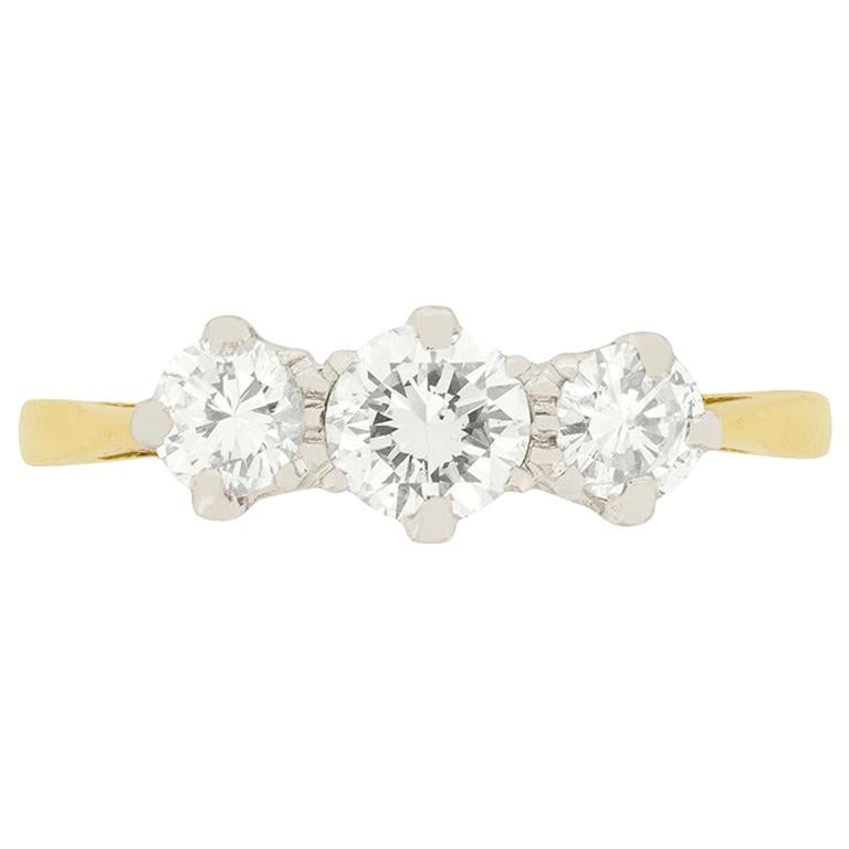 Late Art Deco 1.00 Carat Diamond Three-Stone Engagement Ring, circa 1930s