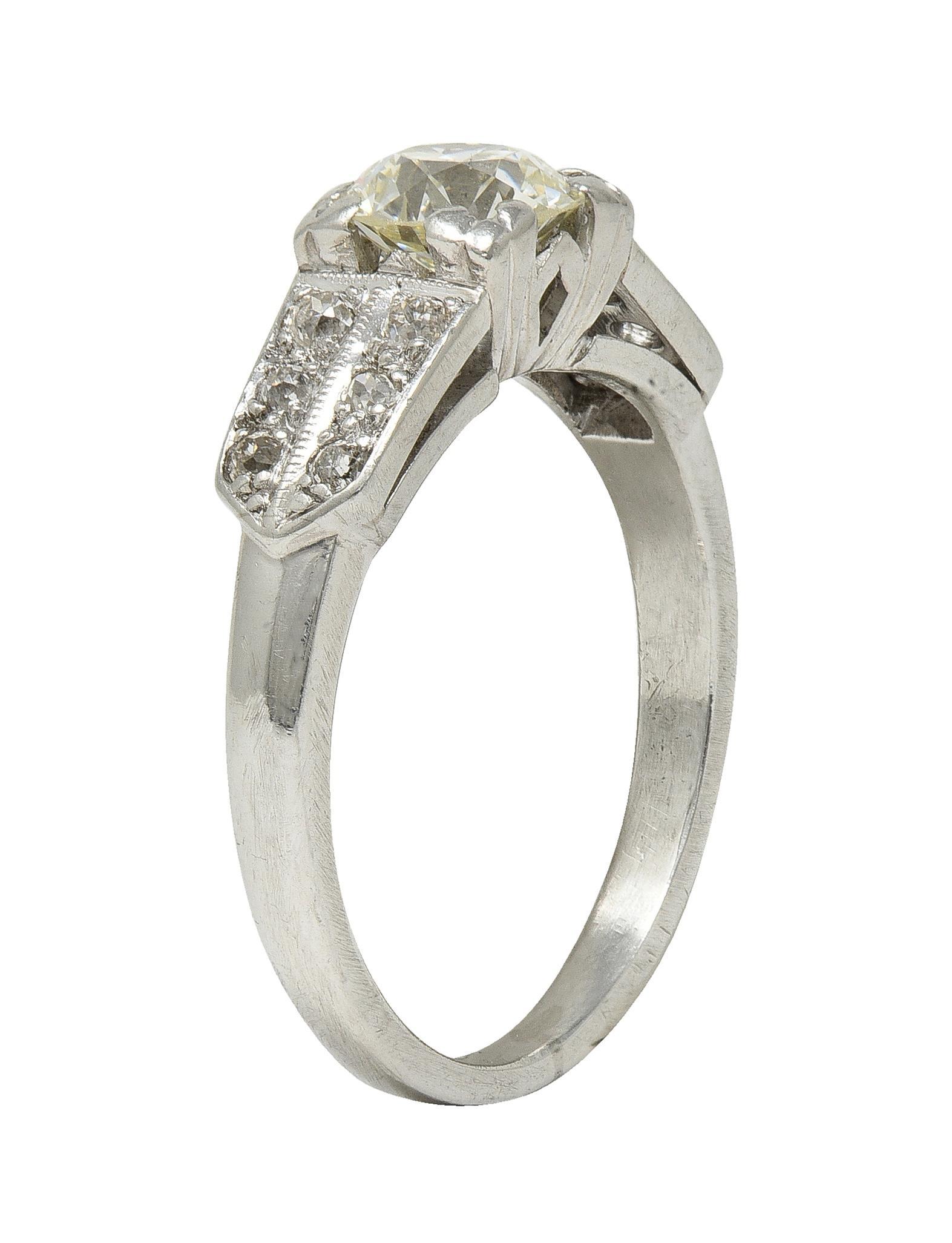 Anello di fidanzamento vintage in platino con diamante europeo di 1,10 CTW in stile tardo Art Deco in vendita 4